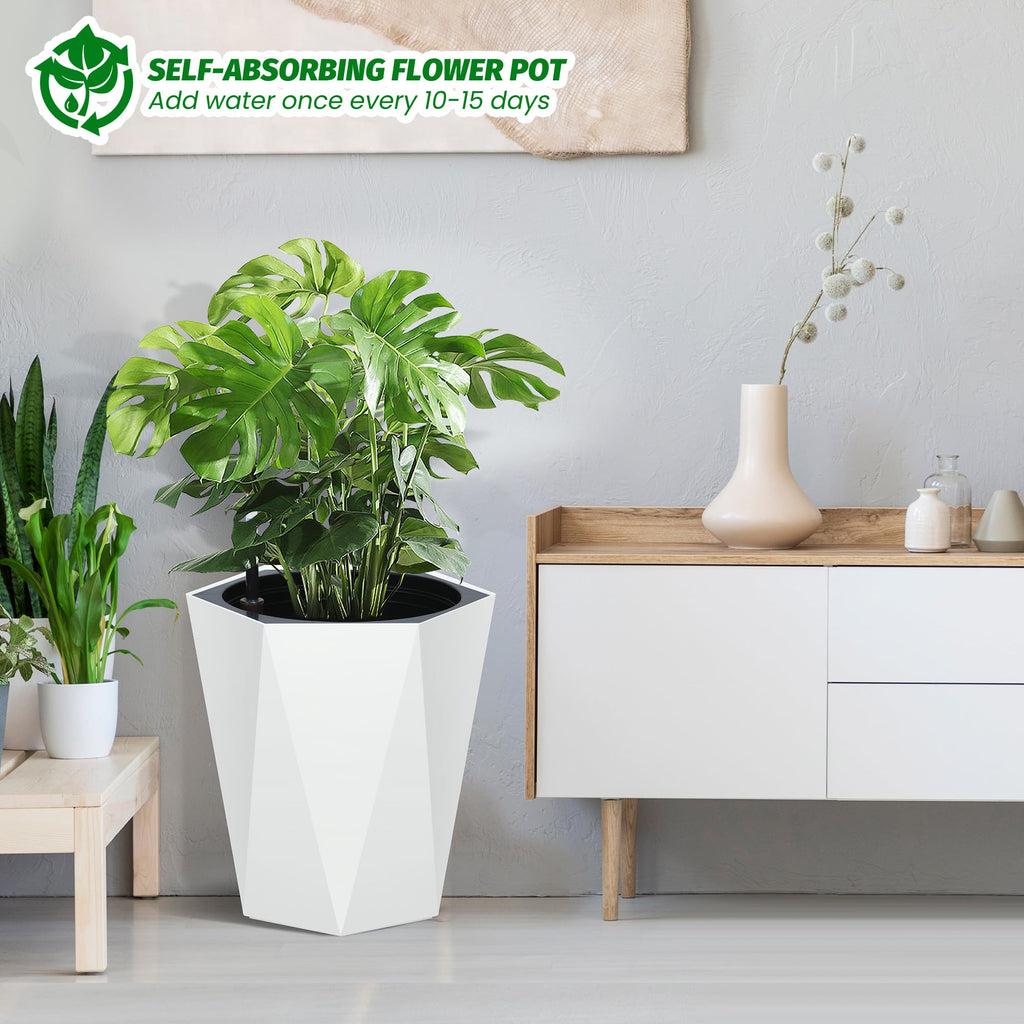 Garvee 16 Inch Tall Diamond Planters Set of 2, Self Watering Planters with Water Level Monitor and Wheels, Flower Pots Outdoor and Indoor for Patio, Porch, Living Room, Home Office, White
