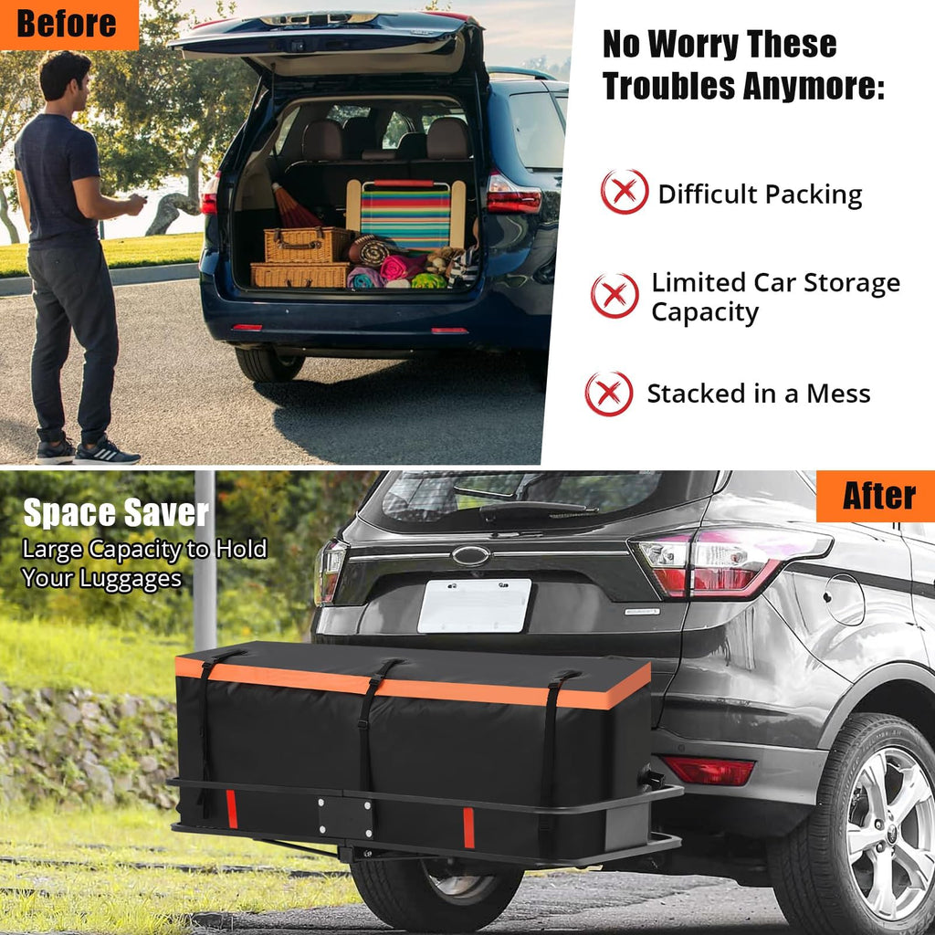 Garvee 15 Cu Ft Heavy-Duty Hitch Cargo Carrier Bag - Waterproof & Thickened Design for Cars, Trucks, SUVs, Vans, Hitch Baskets with Reinforced Straps & Waterproof Zipper