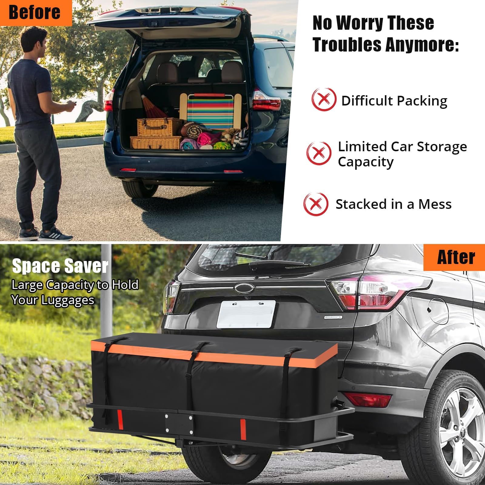 Garvee 21 Cu Ft Heavy-Duty Hitch Cargo Carrier Bag - Waterproof & Thickened Design for Cars, Trucks, SUVs, Vans, Hitch Baskets with Reinforced Straps & Waterproof Zipper