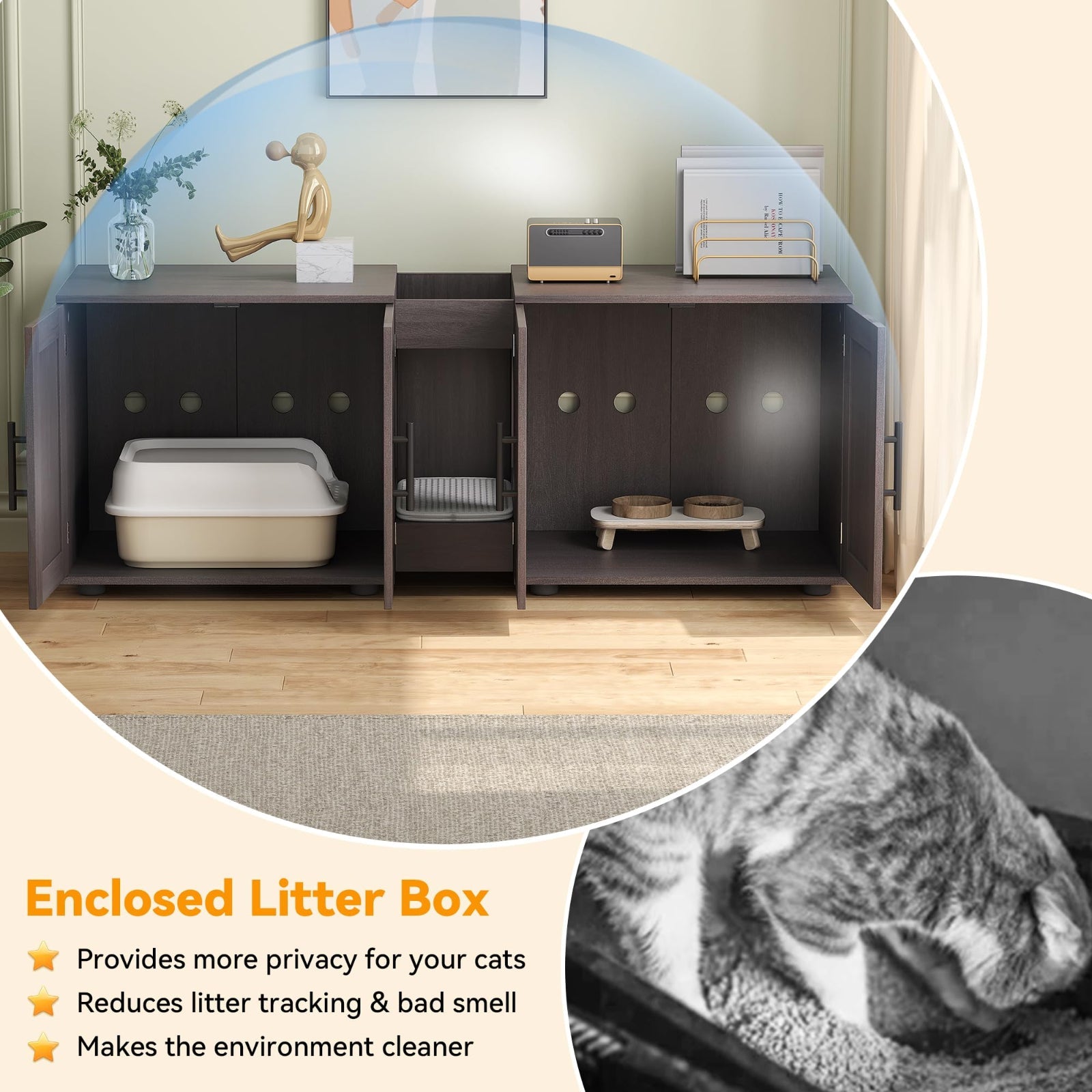 Garvee Hidden Litter Box Enclosure for 2 Cats, Double Room Cat Furniture Cabinet with Storage Groove & Odor-Reducing Mat, Wooden Cat Washroom Bench for Living Room, Dark Walnut