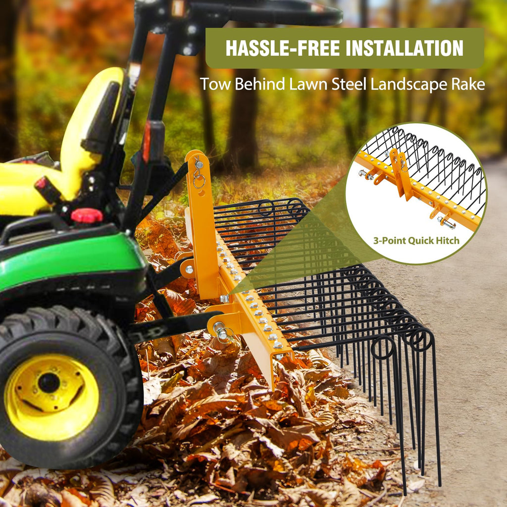 Garvee 72 Inch Pine Straw Rake - 30pcs 8mm Coil Spring Tines Durable Powder Coated Steel Tow Behind Landscape Rake with 3 Point Hitch Receiver Attachment Fit to Cat0 Cat 1 Tractors for Leaves Grass, Yellow