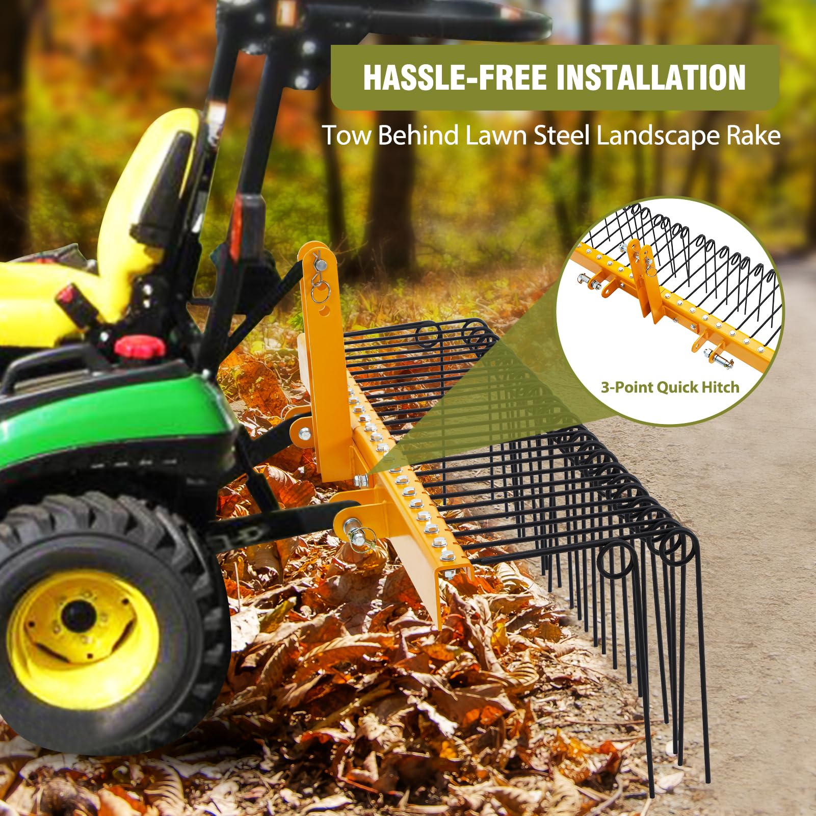 Garvee 72 Inch Pine Straw Rake - 30pcs 8mm Coil Spring Tines Durable Powder Coated Steel Tow Behind Landscape Rake with 3 Point Hitch Receiver Attachment Fit to Cat0 Cat 1 Tractors for Leaves Grass, Yellow