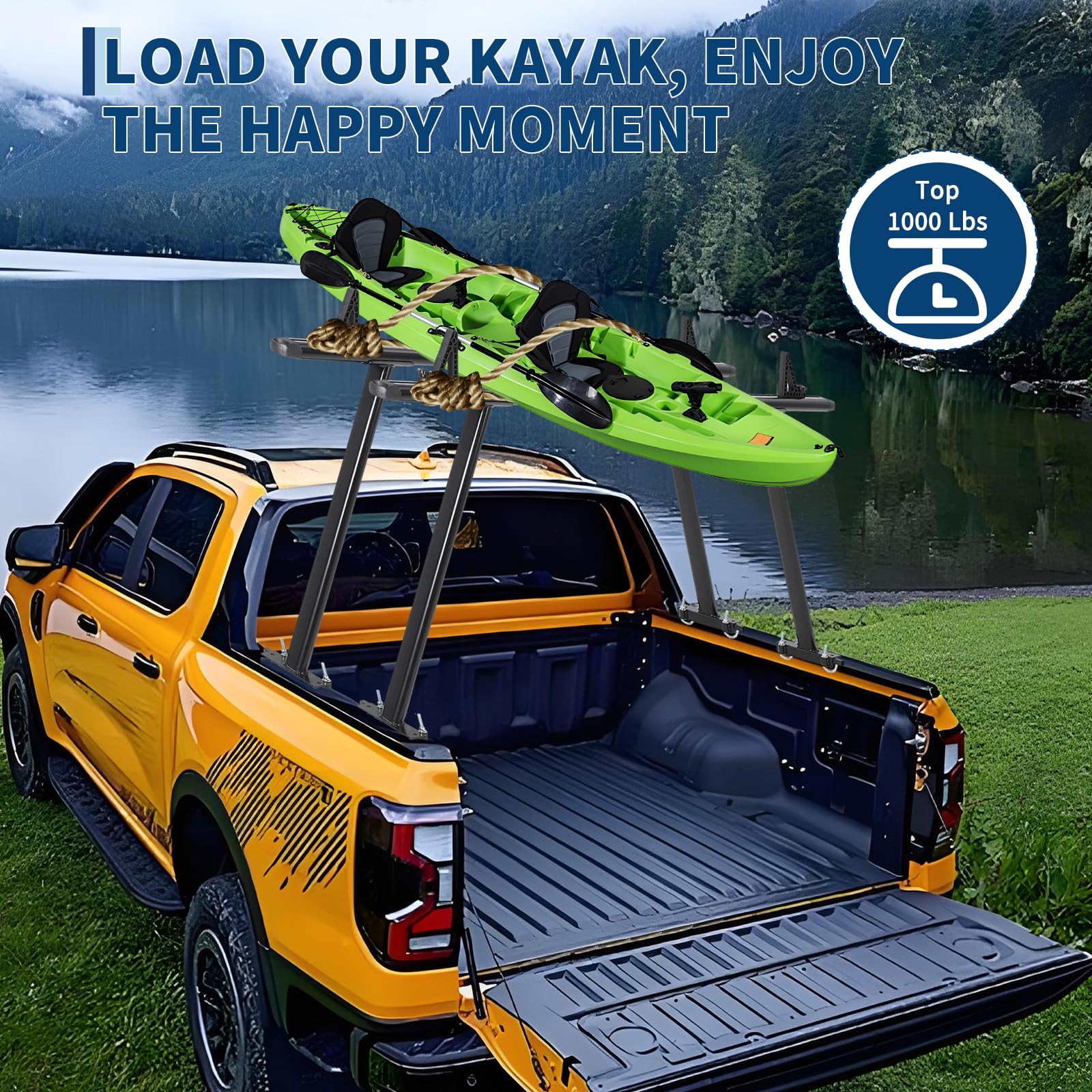 Garvee 35"-71" Adjustable Aluminum Truck Ladder Rack, Weatherproof, No-Drill J-Bolts Two-Bar, Heavy-Duty Pickup Bed Rack for Ford, Chevy, Toyota, RAM, Black