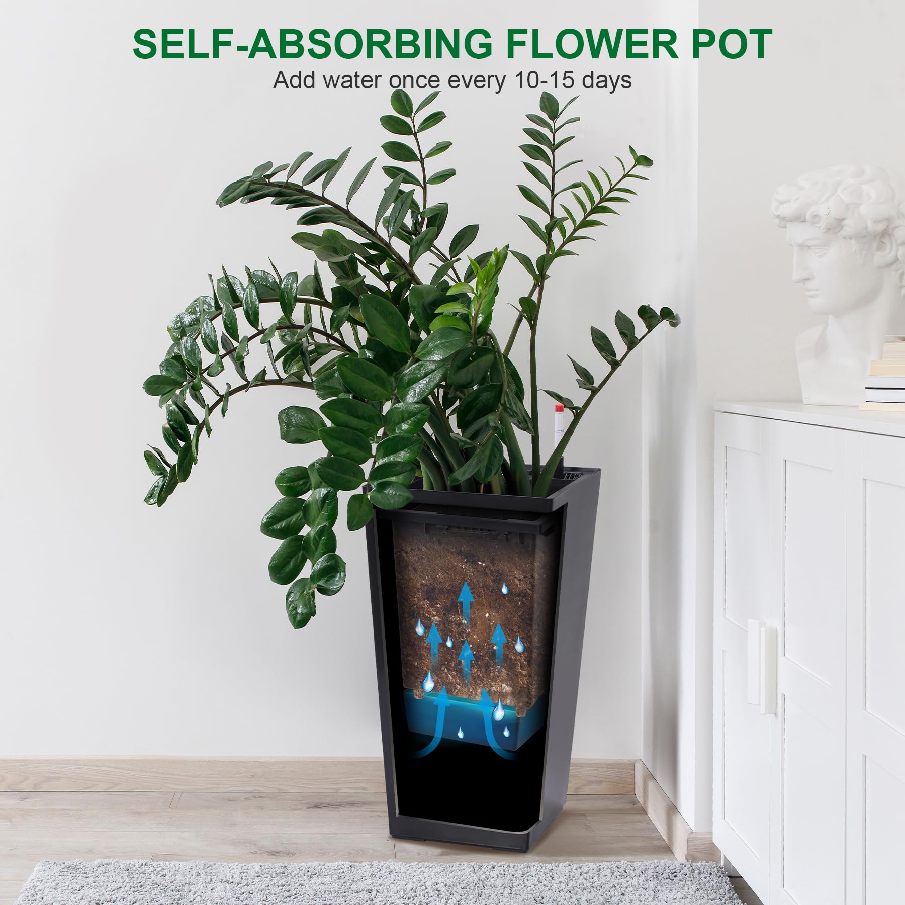Garvee 23" Tall Planters Set of 2 - Modern Indoor/Outdoor Plant Pots with Drainage Holes, Water Level Monitor, Inner Bucket & Automatic Watering, Black