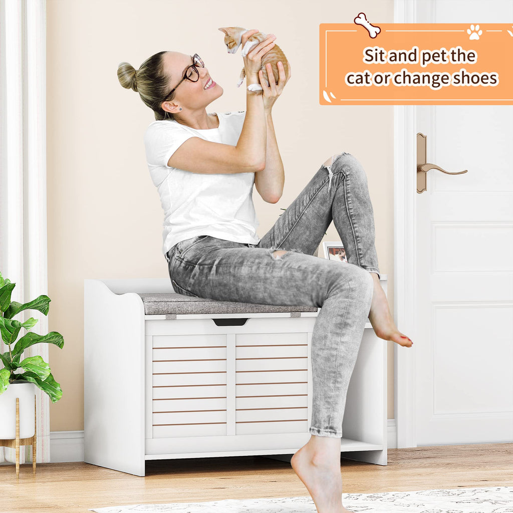 Garvee Cat Litter Box Enclosure with Cushion, Hidden Cat Litter Box Furniture, Cat Litter Box Furniture with Top Opening, Flip Top Litter Box Enclosure Cat House, White
