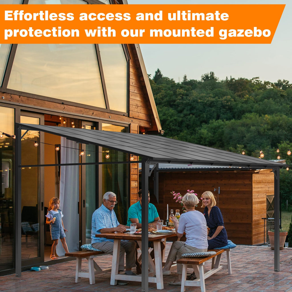 Garvee 10'x12' Lean-To Hardtop Gazebo - Aluminum Frame Wall Pergola for Patio & Lawn, Space-Saving Outdoor Shelter Grey