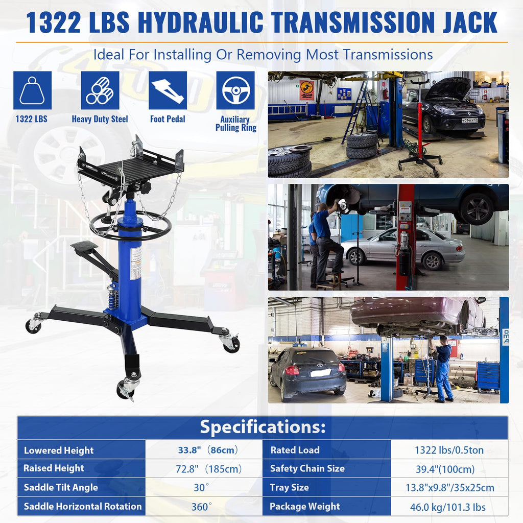 Garvee 1322lbs Transmission Jack Lift, 2-Stage Telescoping Hydraulic Transmission Jack with Anti-Slip Rubber Pad & Pedal, Dual-Column High Lift Hoist, 33.8"–72.8" Adjustable Height, Heavy Duty Garage Tool
