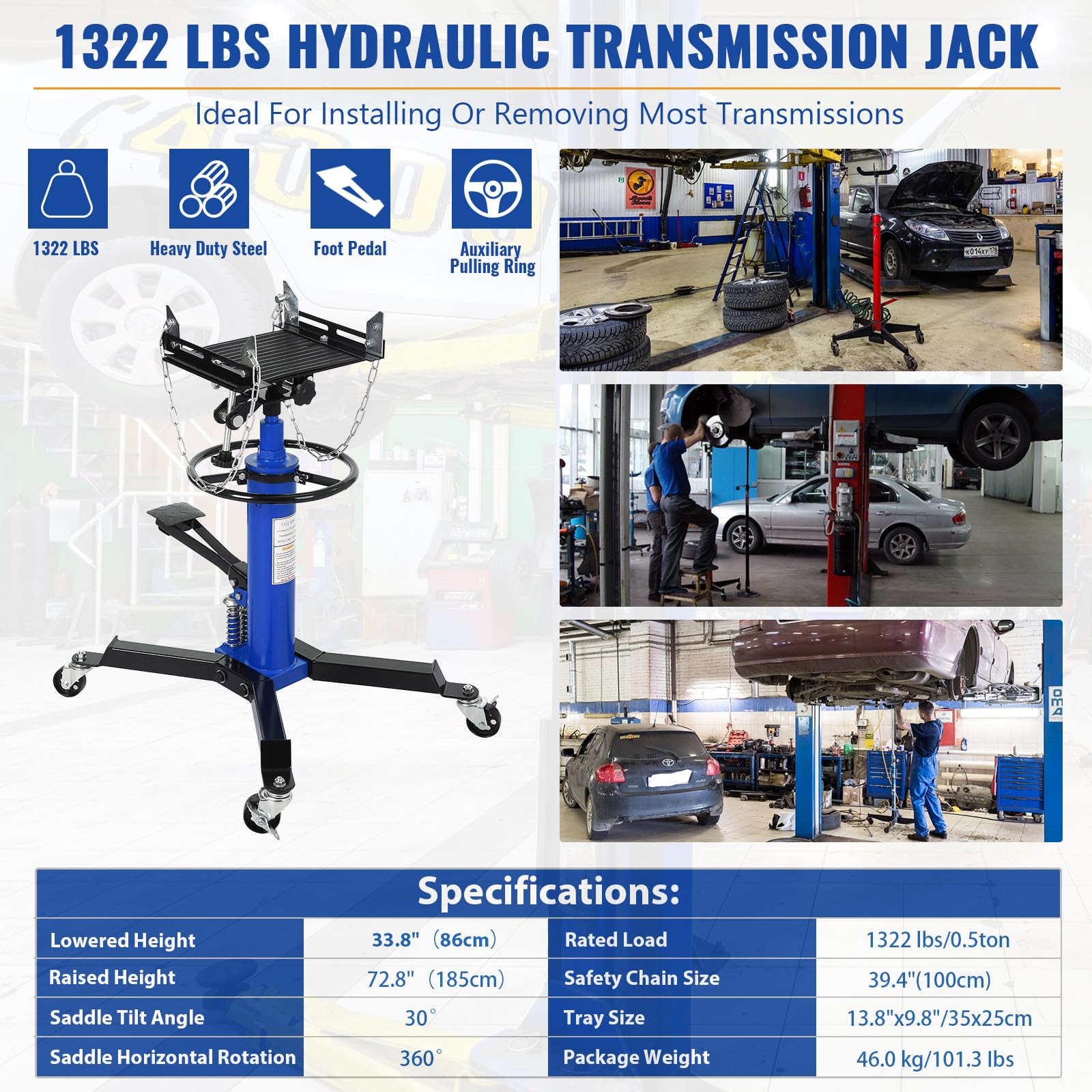 Garvee 1322lbs Transmission Jack Lift, 2-Stage Telescoping Hydraulic Transmission Jack with Anti-Slip Rubber Pad & Pedal, Dual-Column High Lift Hoist, 33.8"–72.8" Adjustable Height, Heavy Duty Garage Tool