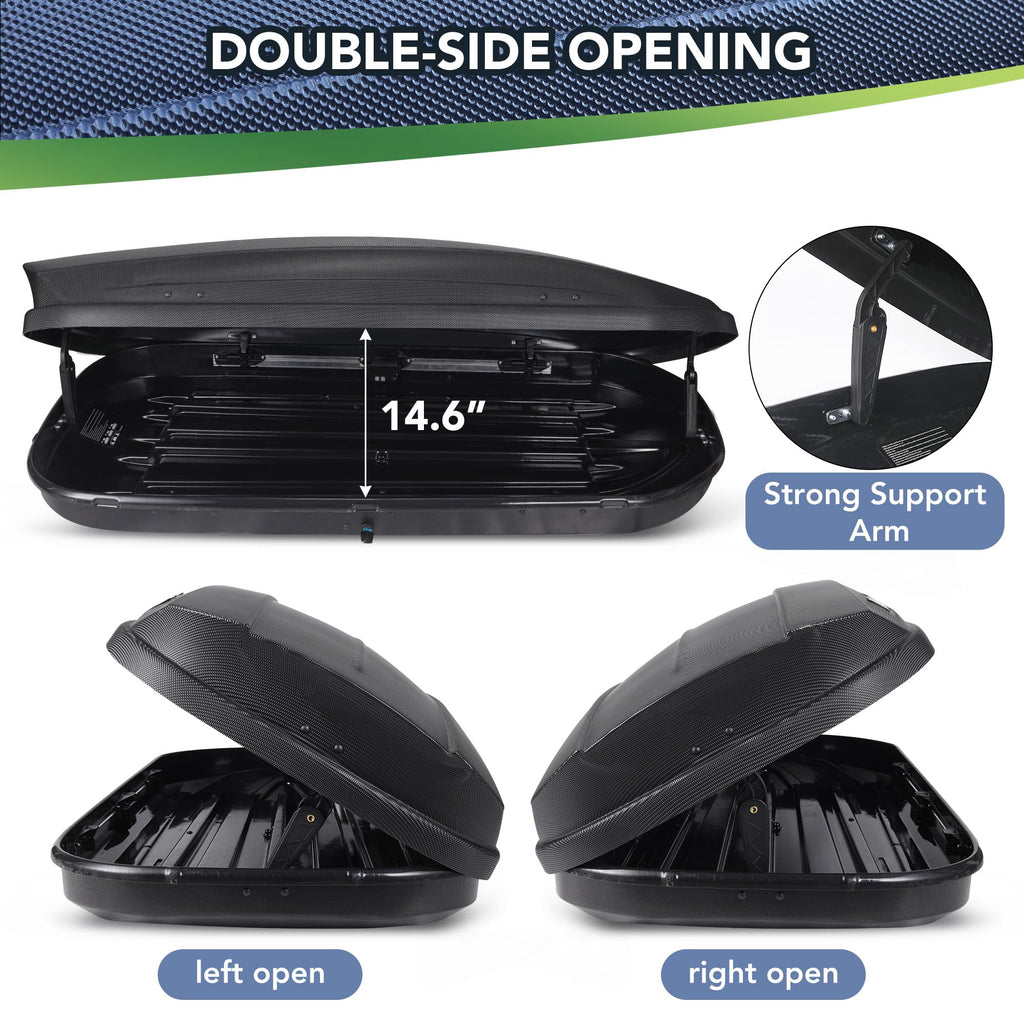 Garvee Rooftop Cargo Box Carrier, 14 Cubic Feet, Dual-Side Opening, 165 LBS Capacity, Secure Straps and Keys, Vehicle Hard-Shell Carriers for Vehicle Travel, Black