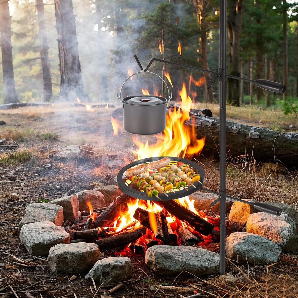 Garvee Campfire Grill Grate, 13.4" Open Fire Grate Fire Pit, Portable Campfire Barbecue Rack, Grill Cooking Equipment for Camping Outdoor Camp Fire with Height Adjustable Swivel Grill Grate and Hanger Rod