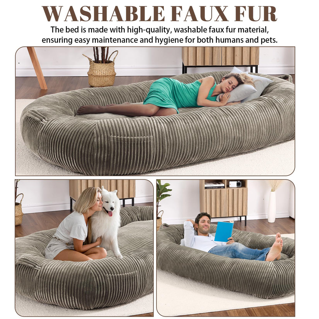 Garvee Dog Bed for Adult, Human Size Giant Dog Bed for Men and Women, 71”x48”x14” Human Dog Lazy Sofa Bed for People and Pets, Washable Strip Flannel Nap Bed Adult Oval, Human-Sized Dog Bed,Brown