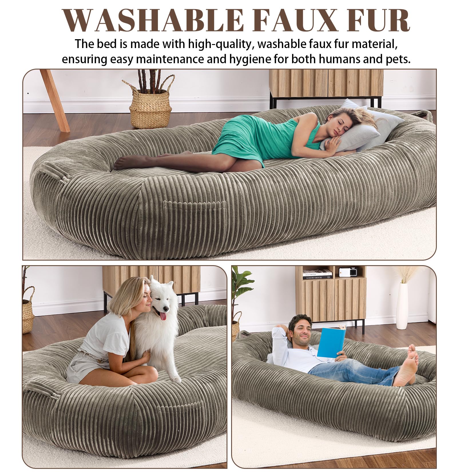 Garvee Dog Bed for Adult, Human Size Giant Dog Bed for Men and Women, 71”x48”x14” Human Dog Lazy Sofa Bed for People and Pets, Washable Strip Flannel Nap Bed Adult Oval, Human-Sized Dog Bed,Brown