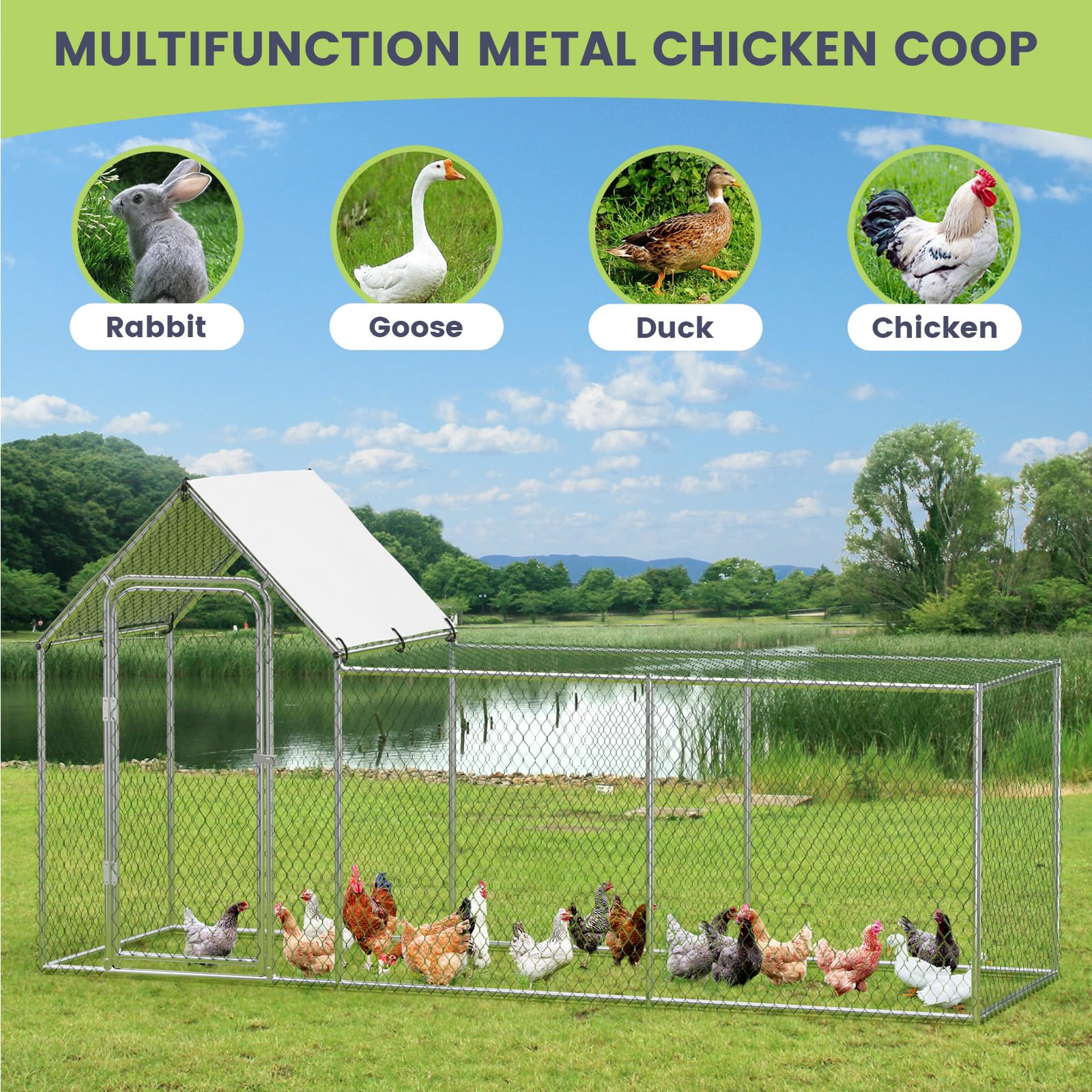 Garvee Chicken Coop Run Large Metal Chicken Pen Outdoor, Metal Chicken Coop with Waterproof and Anti-Uv Cover for 6/10 Chickens,Duck Rabbits Habitat - 118.1 x 39.4 x 59 Inch