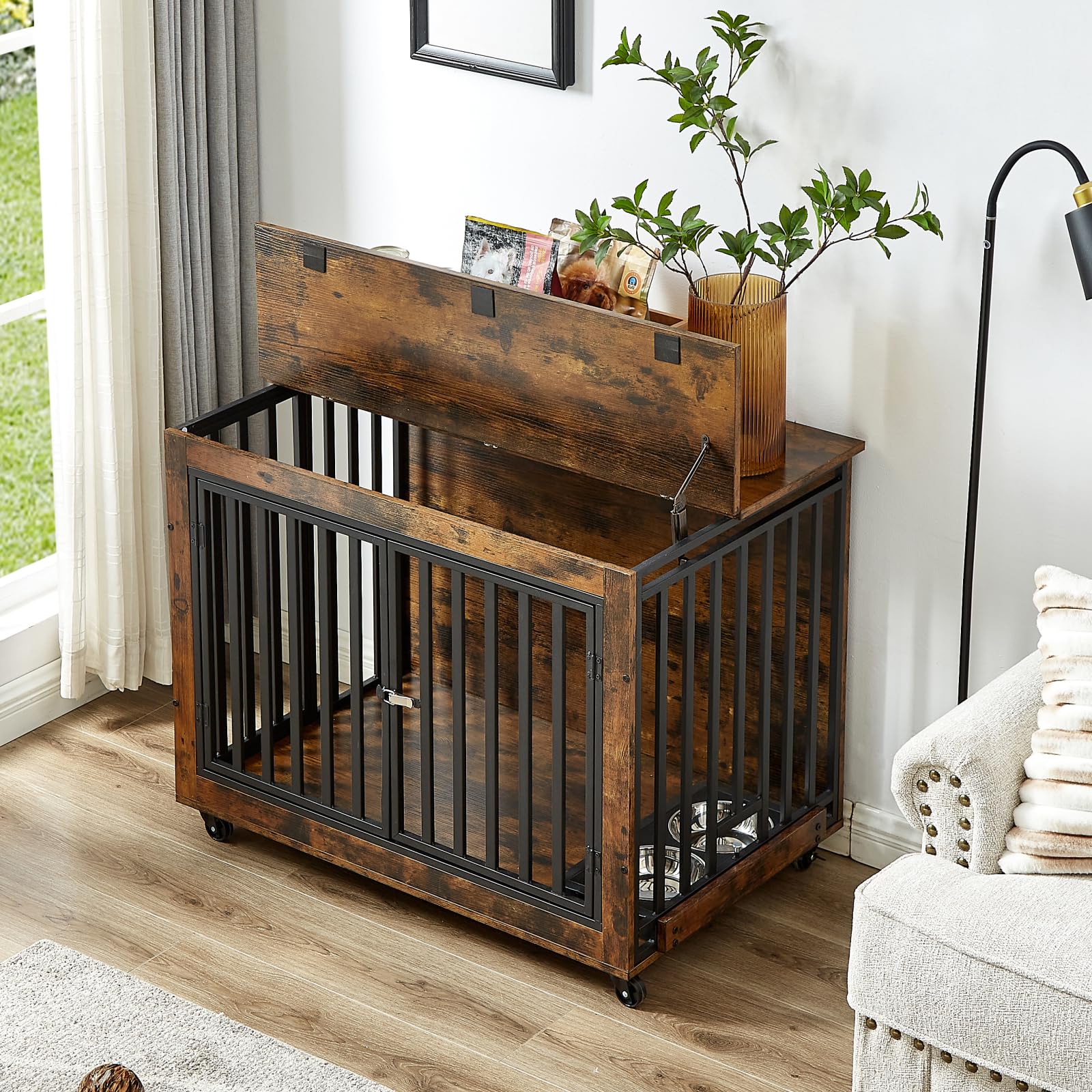 Garvee Dog Crate Furniture Decorative Wooden Dog Kennel End Table With Chew-Proof Metal Barrier And Dog Bowls For Small Medium Large Dogs Brown