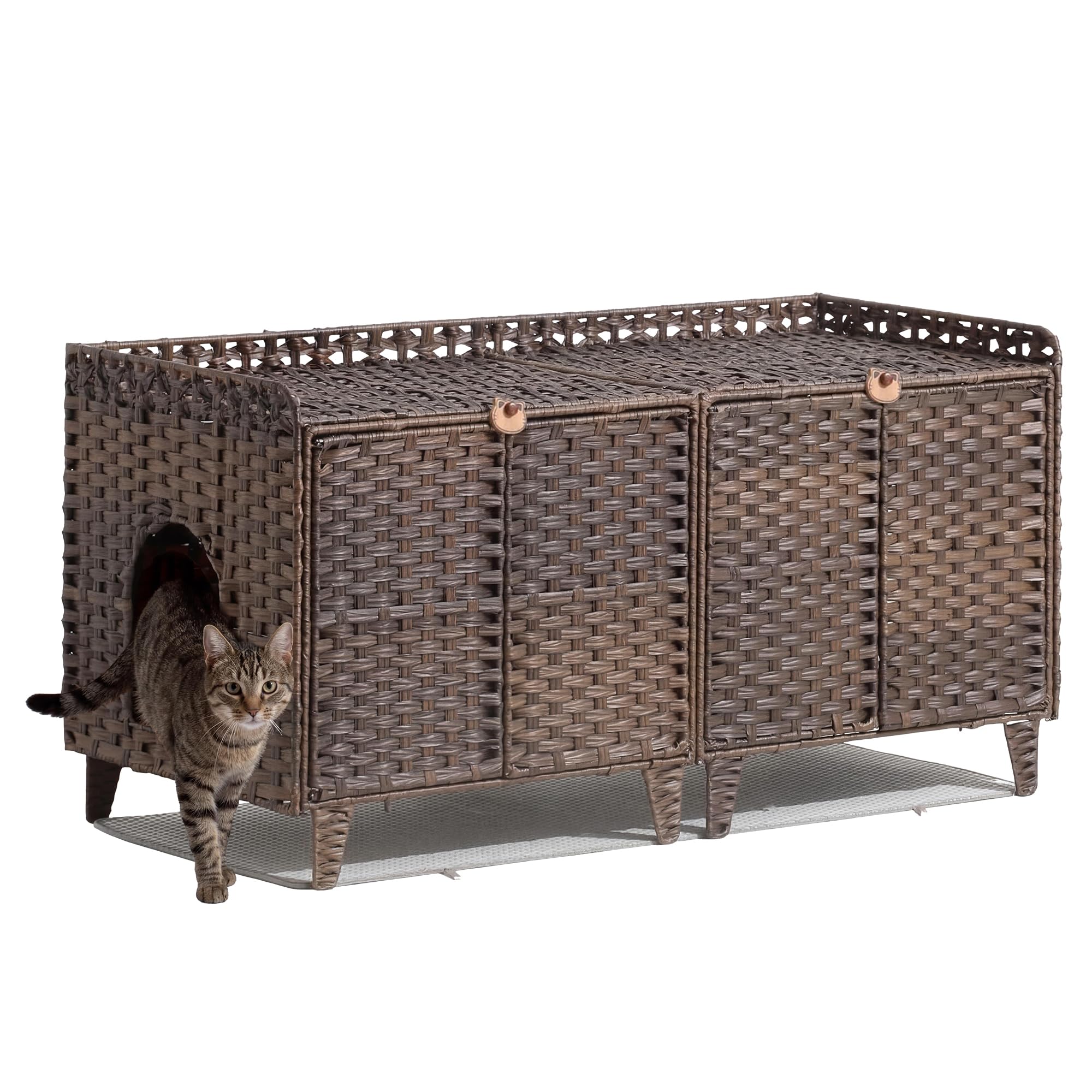 Garvee Cat Litter Box Enclosure Furniture Handwoven Rattan Hidden Cat Washroom Large Space Living Room Bedroom Brown