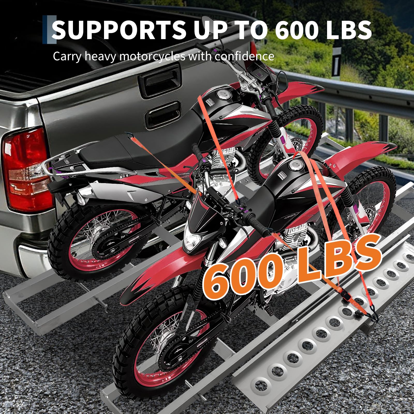 Garvee Motorcycle Carrier 600Lbs Ultra-Duty Hitch Rack with Arched Non-Slip Ramp, 2" Hitch Compatible, Anti-Wobble System for Dirt Bike Transport, Black