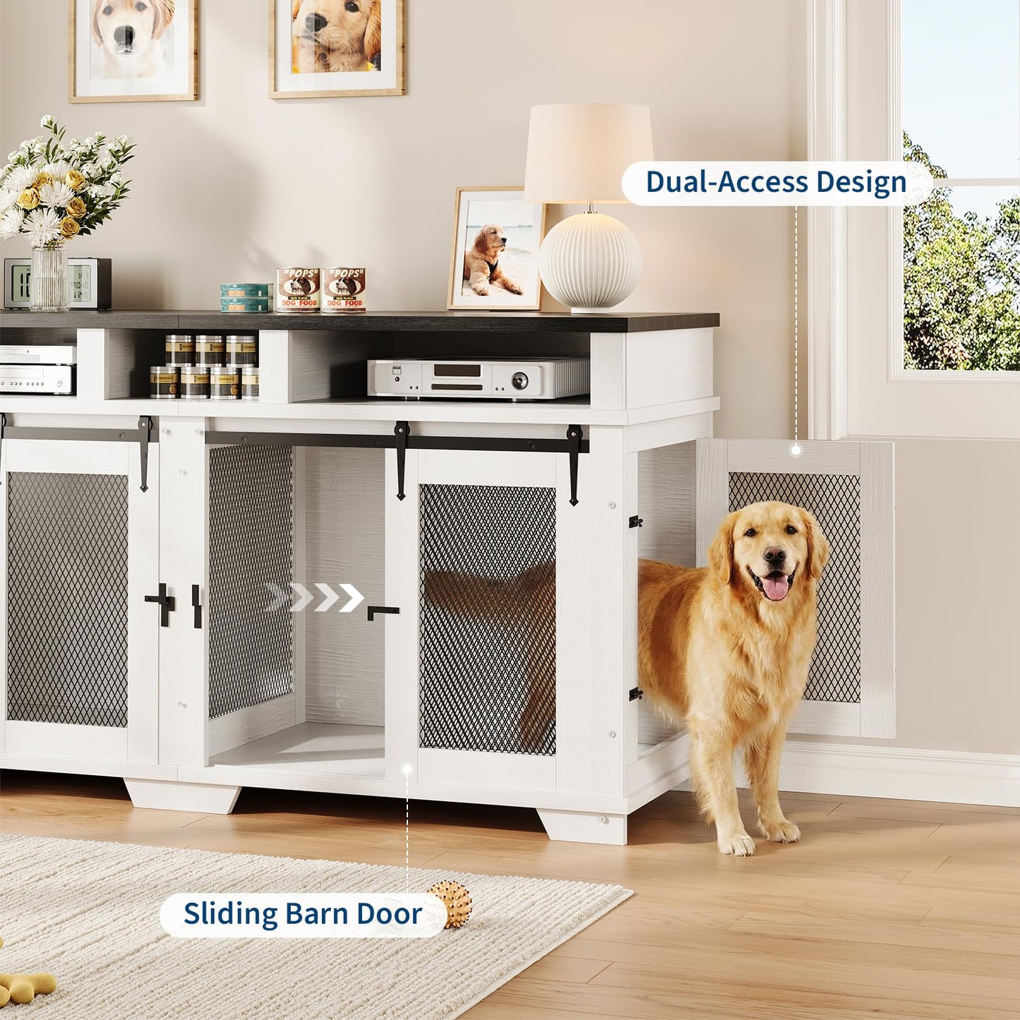 Garvee 71'' Dog Crate Furniture for 2 Dogs, Extra Large Double Dog Kennel with Removable Divider and Storage Drawers, Wooden TV Stand for Large Medium Dogs in White, Natural Wood, Brown
