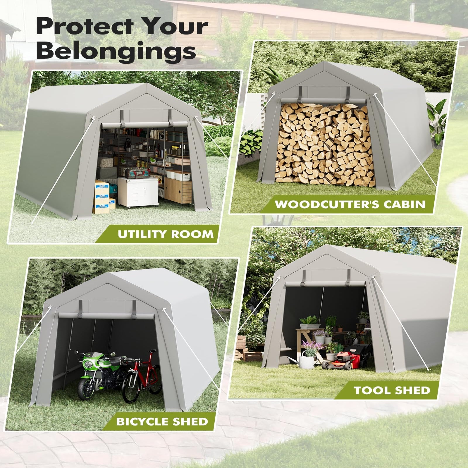 Garvee 7x15 FT Motorcycle Storage Sheds, Portable Carport with Rolled up Zipper Door , Waterproof , Storage Tent Heavy Duty for Motorcycle , Bike , Firewood , Garden Tools , Grey