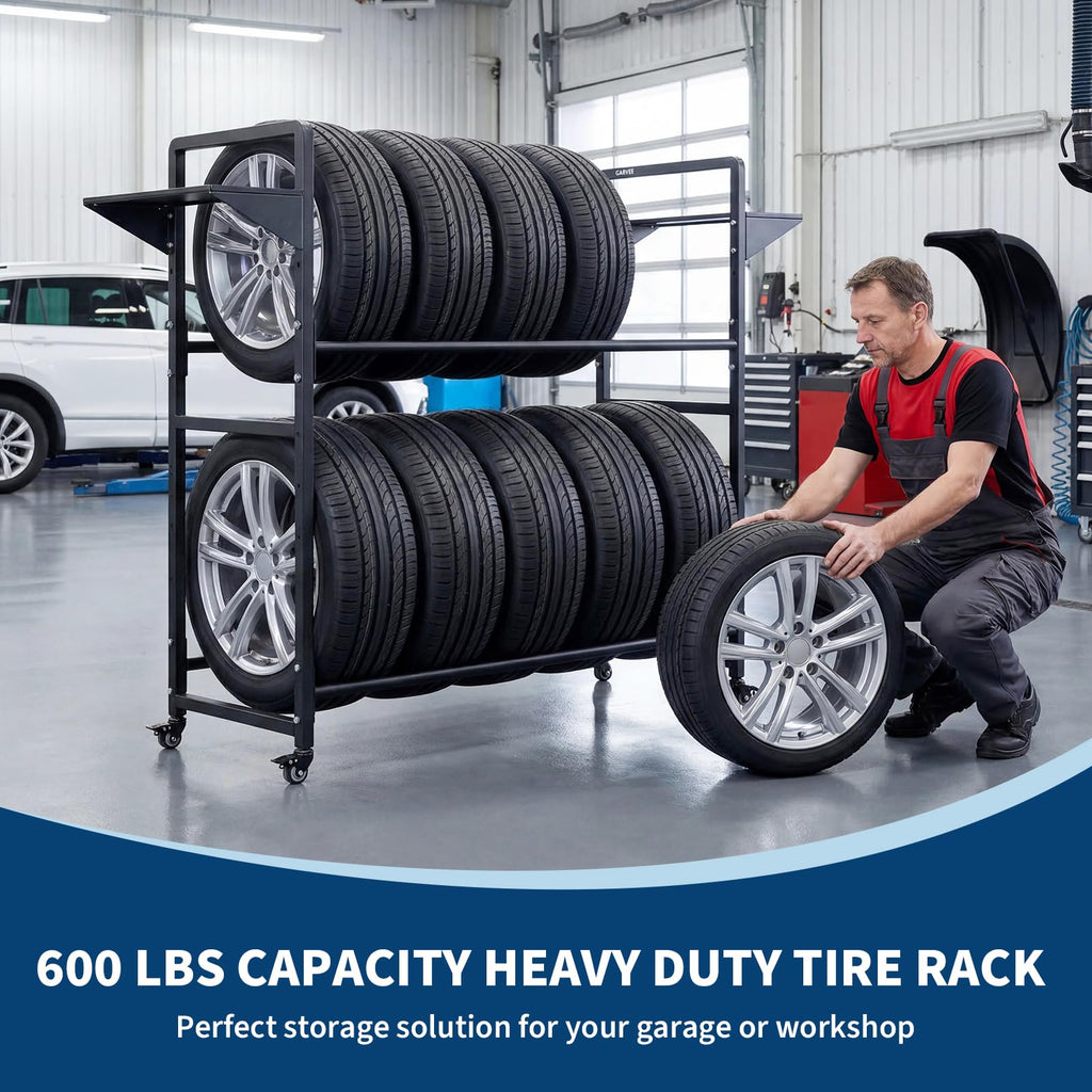Garvee Tire Storage Rack Adjustable Rolling with Anti-Dust Cover for Garage Organization 57" x 18" x 55", Black