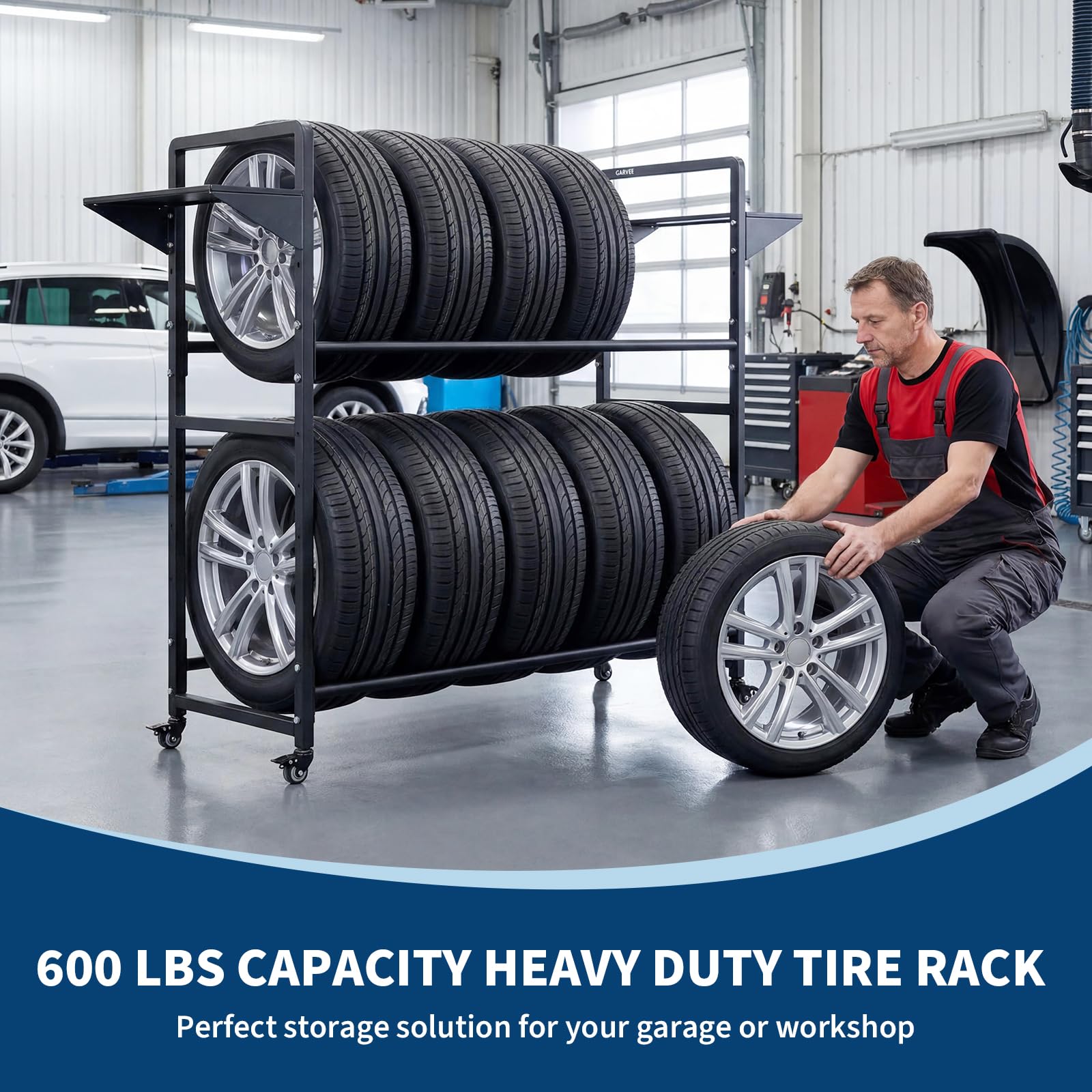 Garvee Tire Storage Rack Adjustable Rolling with Anti-Dust Cover for Garage Organization 57" x 18" x 55", Black