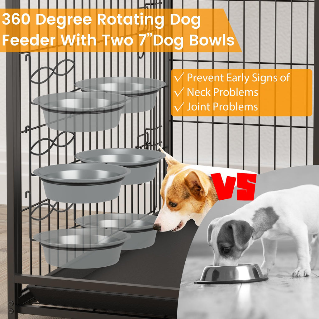 Garvee Wooden Dog Crate Furniture with Storage Shelves, Removable Tray, Double Doors, Adjustable Bowls and Flip-up Top, Grey