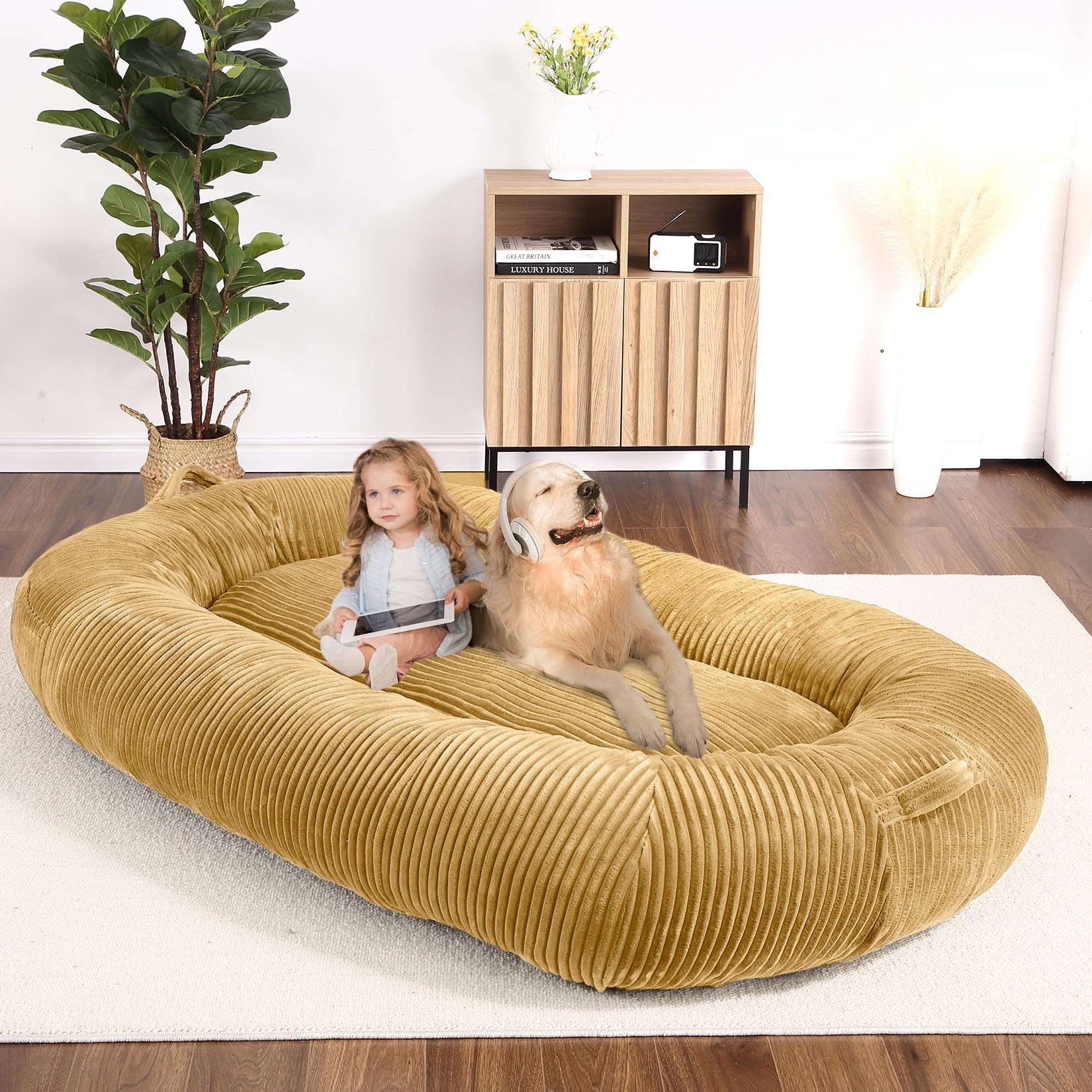 Garvee Dog Bed for Adult, Human Size Giant Dog Bed for Men and Women, 71”x48”x14” Human Dog Lazy Sofa Bed for People and Pets, Washable Strip Flannel Nap Bed Adult Oval, Human-Sized Dog Bed,Yellow