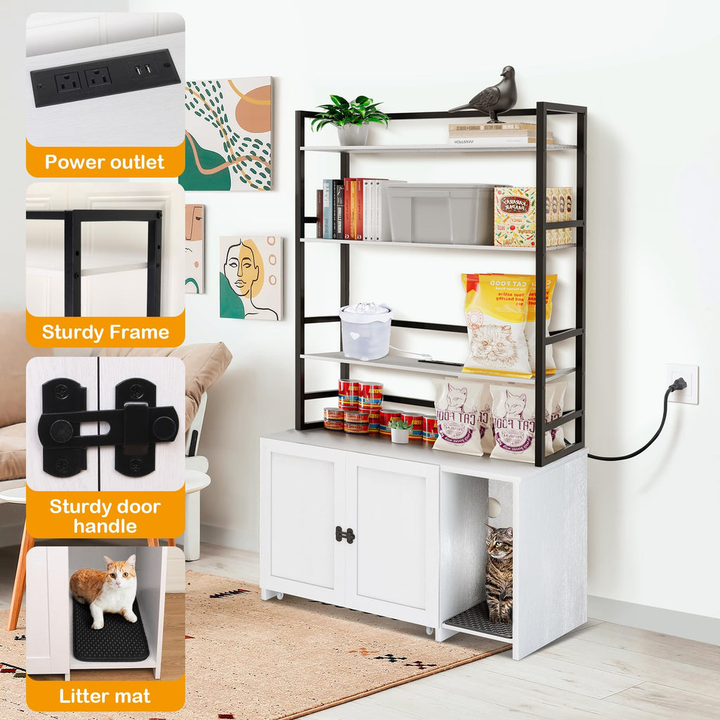 Garvee Cat Litter Box Enclosure, Hidden Cat Litter Box Furniture, Large Double Door Cat House with 3 Shelves and Charging Station, Push-Pull Mobile Chassis