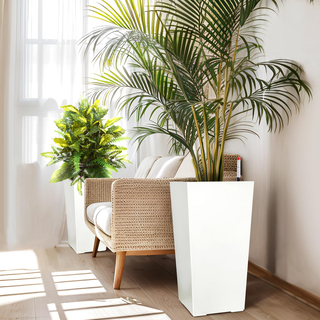 Garvee 23" Tall Planters Set of 2 - Modern Indoor/Outdoor Plant Pots with Drainage Holes, Water Level Monitor, Inner Bucket & Automatic Watering, White