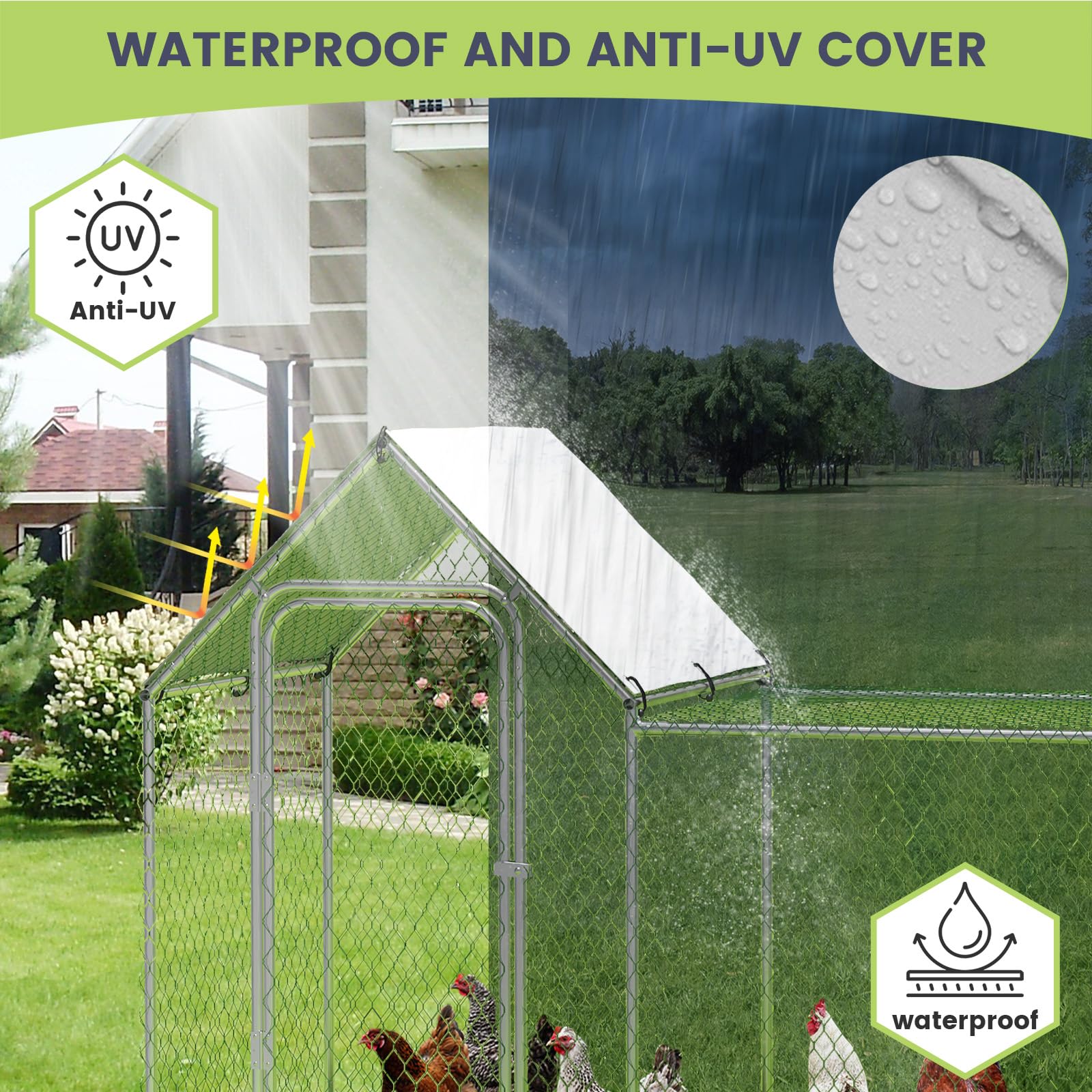 Garvee Chicken Coop Run Large Metal Chicken Pen Outdoor, Metal Chicken Coop with Waterproof and Anti-Uv Cover for 6/10 Chickens,Duck Rabbits Habitat - 118.1 x 39.4 x 59 Inch