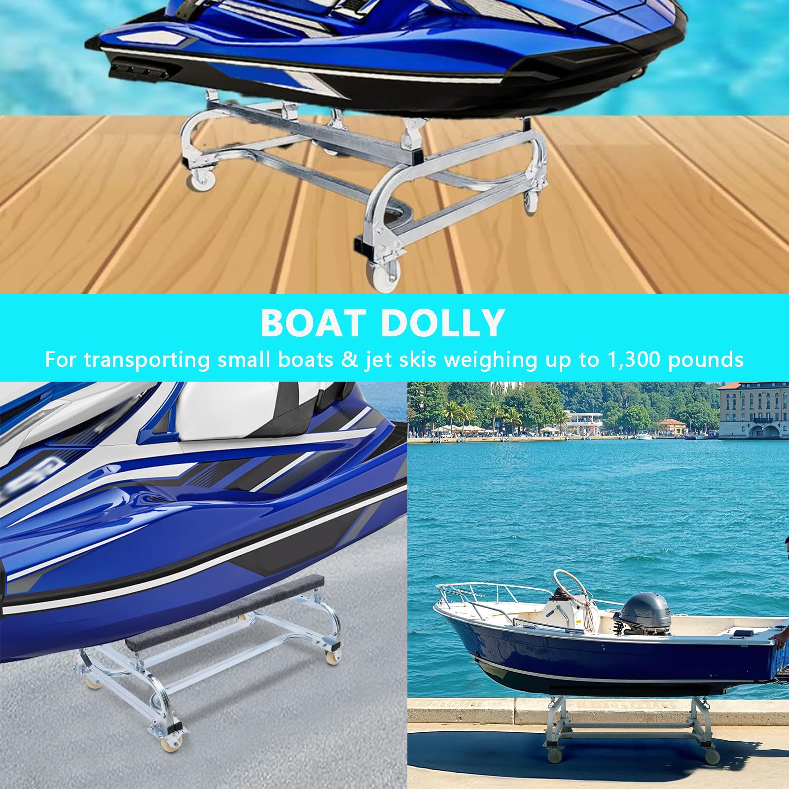 Garvee Jet Ski Dolly - 1300 lbs Watercraft PWC Dolly with Adjustable Bunks and 4 Brake Casters for Moving Watercraft, Galvanized Steel, Multi-Size Adjustable, Rust-Resistant