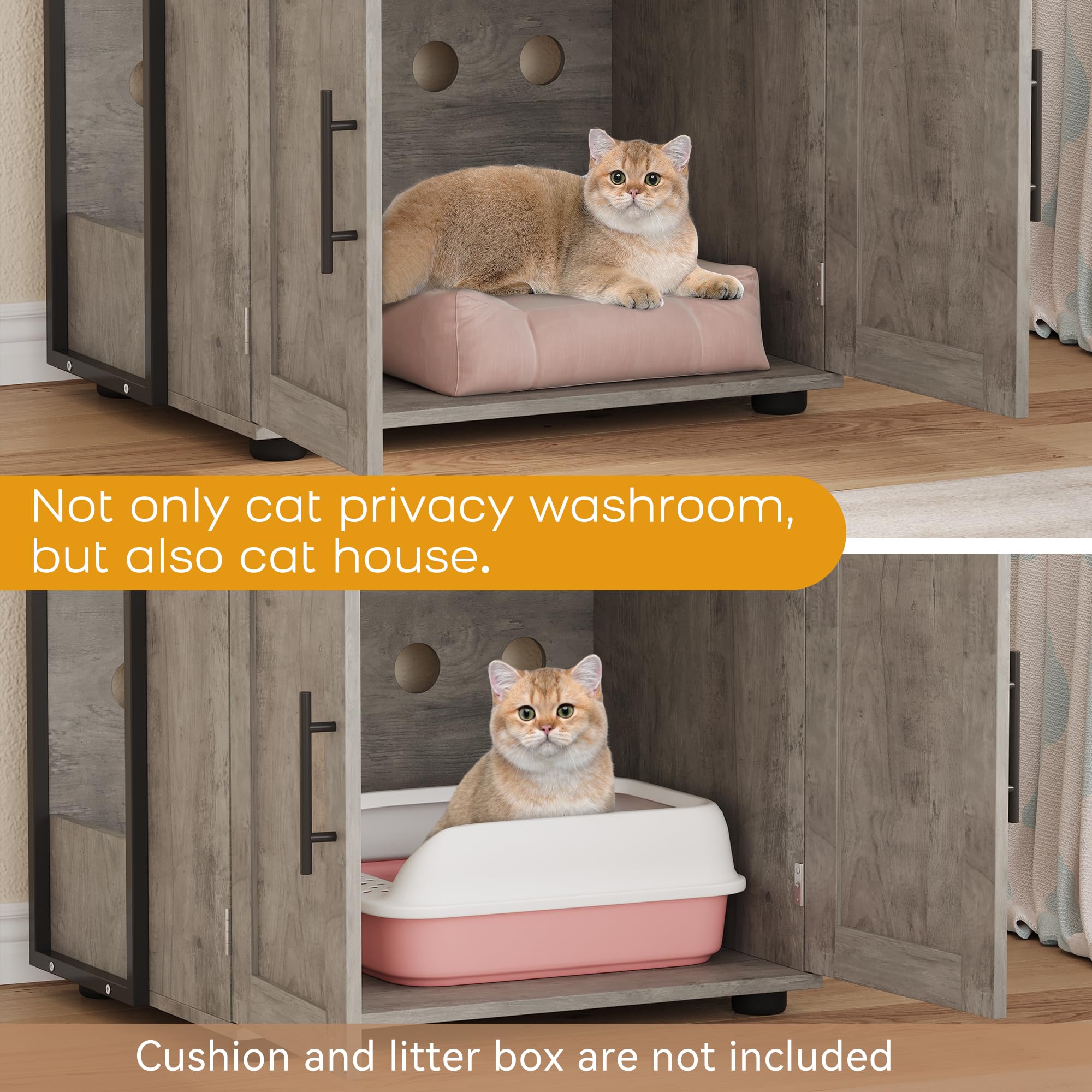 Garvee Cat Litter Box Enclosure + Shelf Storage, 2-in-1 Hidden Cat Washroom Furniture, MDF Panel, Grey, Indoor Use