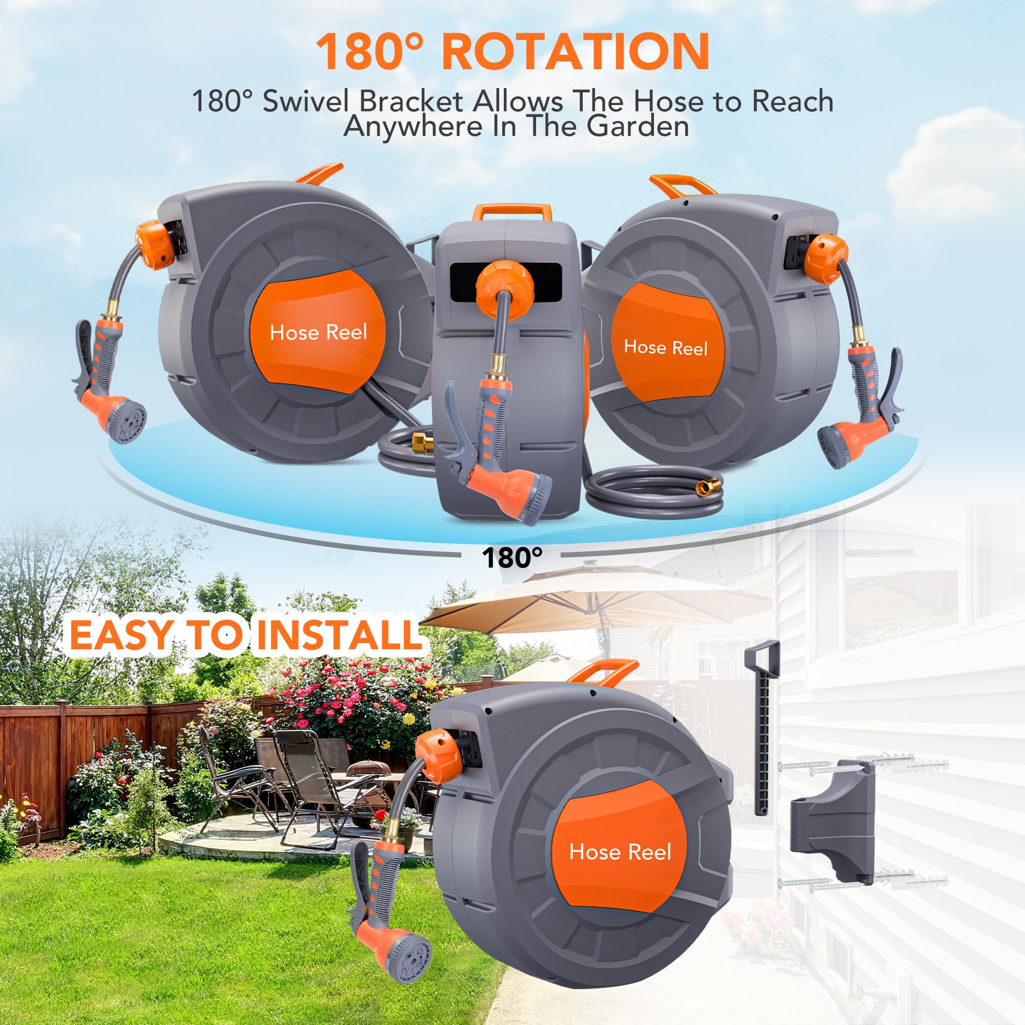 Garvee 1/2 in × 72 ft Retractable Garden Hose Reel, Wall Mount Auto Rewind with 9-Pattern Nozzle