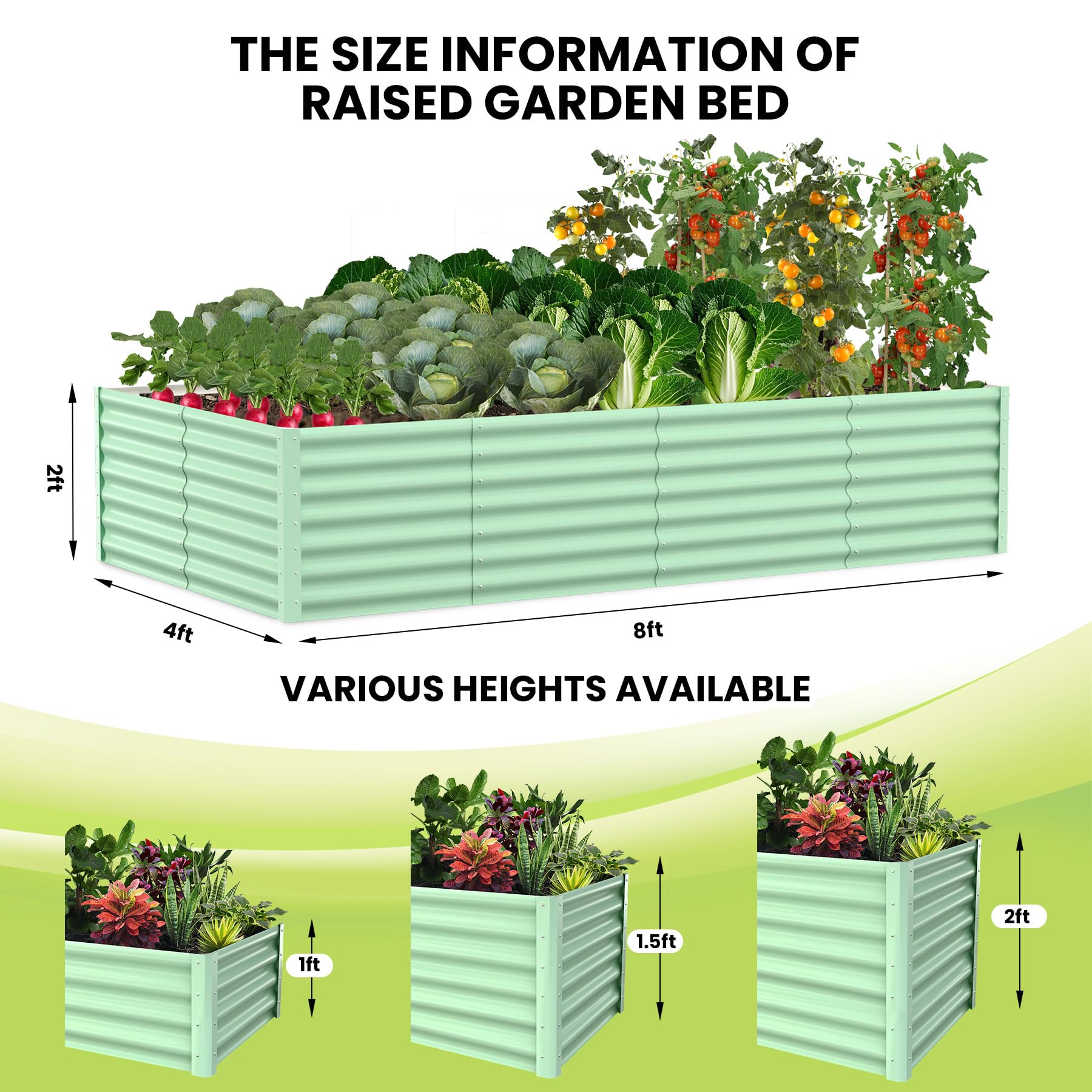 Garvee 8' X 4' X 2' Galvanized Raised Garden Bed, Outdoor Rectangular Metal Planter for Vegetables, Flowers & Herbs, Green