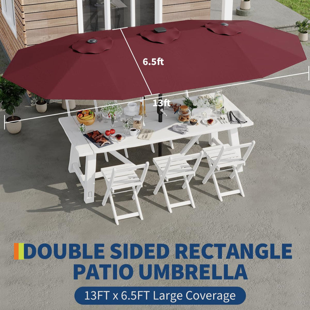 Garvee 13' Double-Sided Outdoor Patio Umbrella - Rectangle Market Umbrella with Crank Handle for Poolside, Backyard, Large Patio, Wine Red