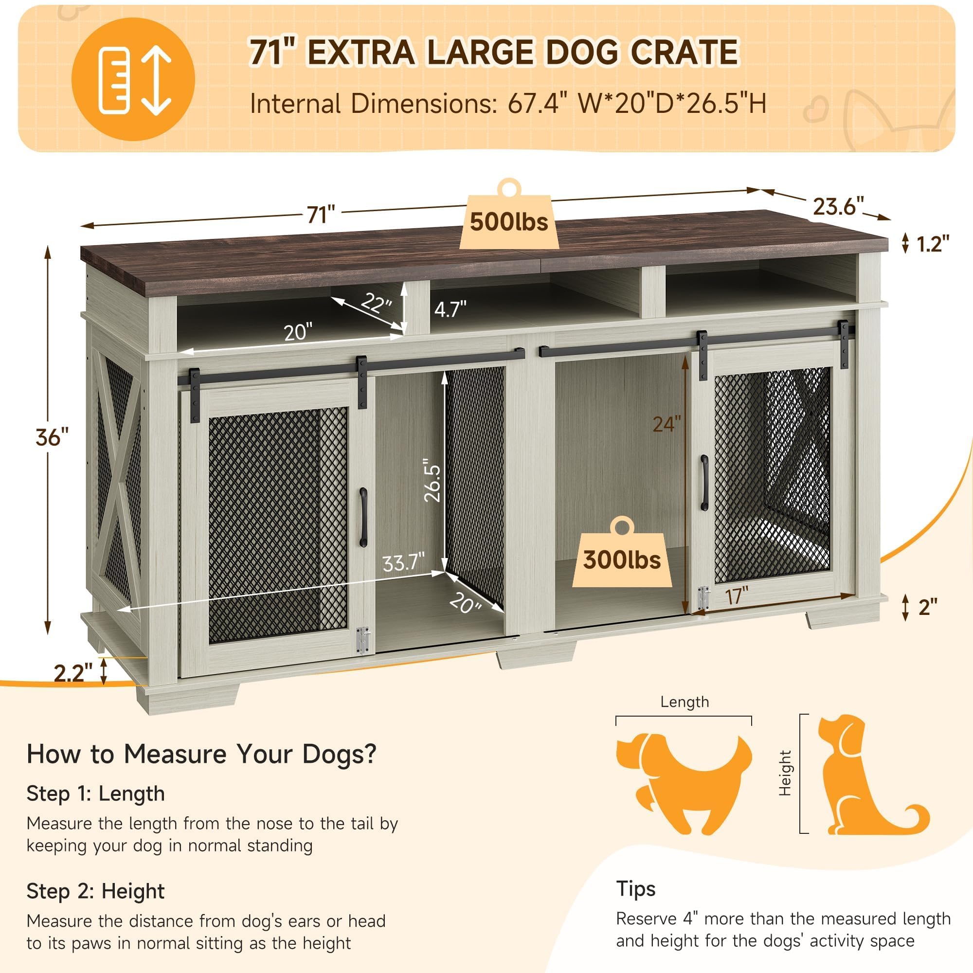 Garvee Dog Crate Furniture for 2 Dogs, 71" Heavy Duty Dog Kennel with 3 Storages and Removable Divider, Furniture Style Indoor Dog Crate Table TV Stand for Large Medium Dogs, White