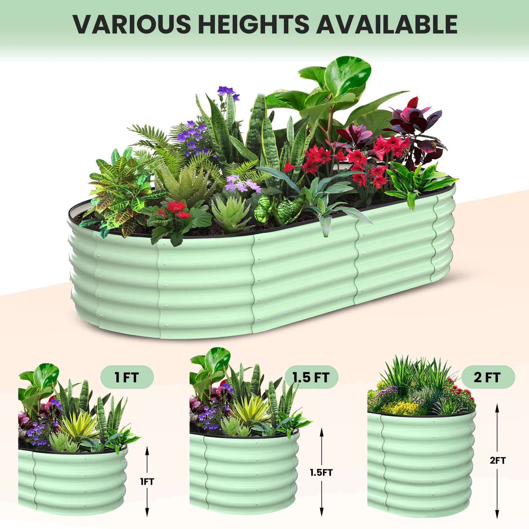Garvee 2-Pack 6'x3'x1' Oval Galvanized Raised Garden Beds - Open Base, Large Metal Planter Boxes for Vegetables & Flowers, Tool-Free Assembly, Green