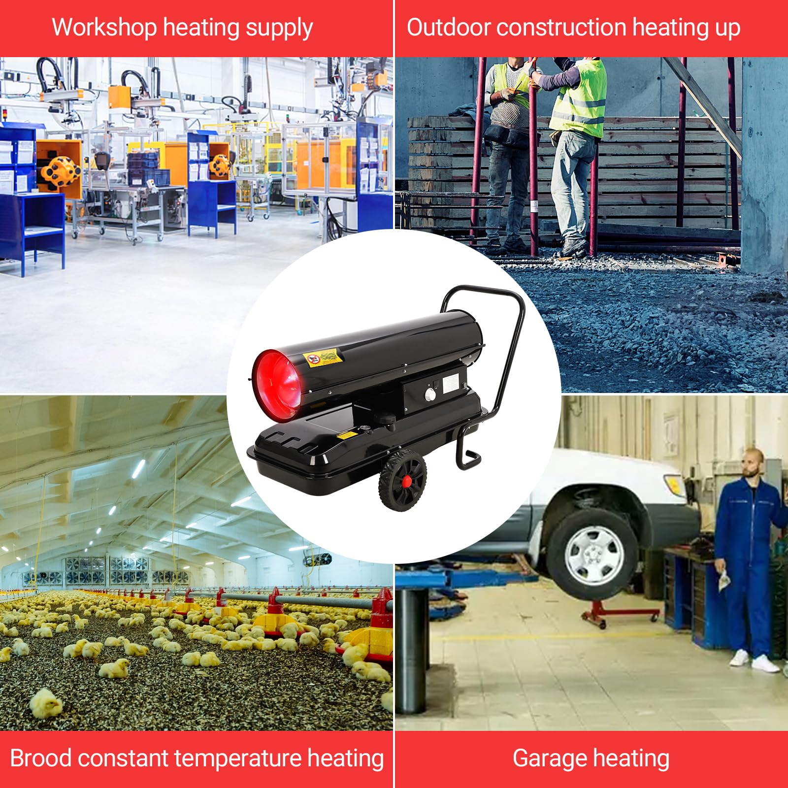 Garvee 220,000 BTU Forced Air Kerosene Diesel Heater, 120V 52L Tank, Thermostat, 1100m³/h Output, Handle, for Construction, Warehouse, Workshop, Black