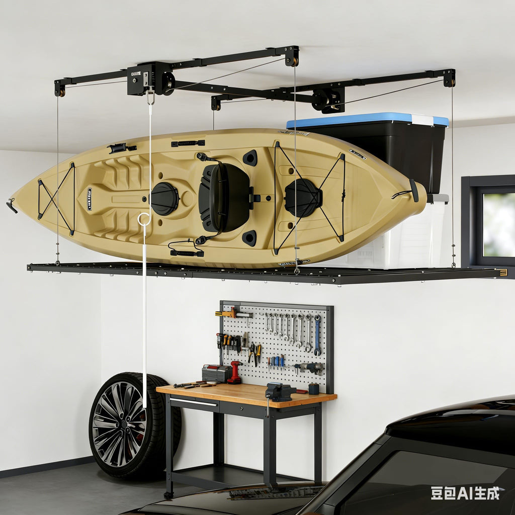 Garvee 4x8 FT Overhead Garage Lifting Storage Rack, Heavy-Duty Metal, Adjustable, Safety Lock, Black