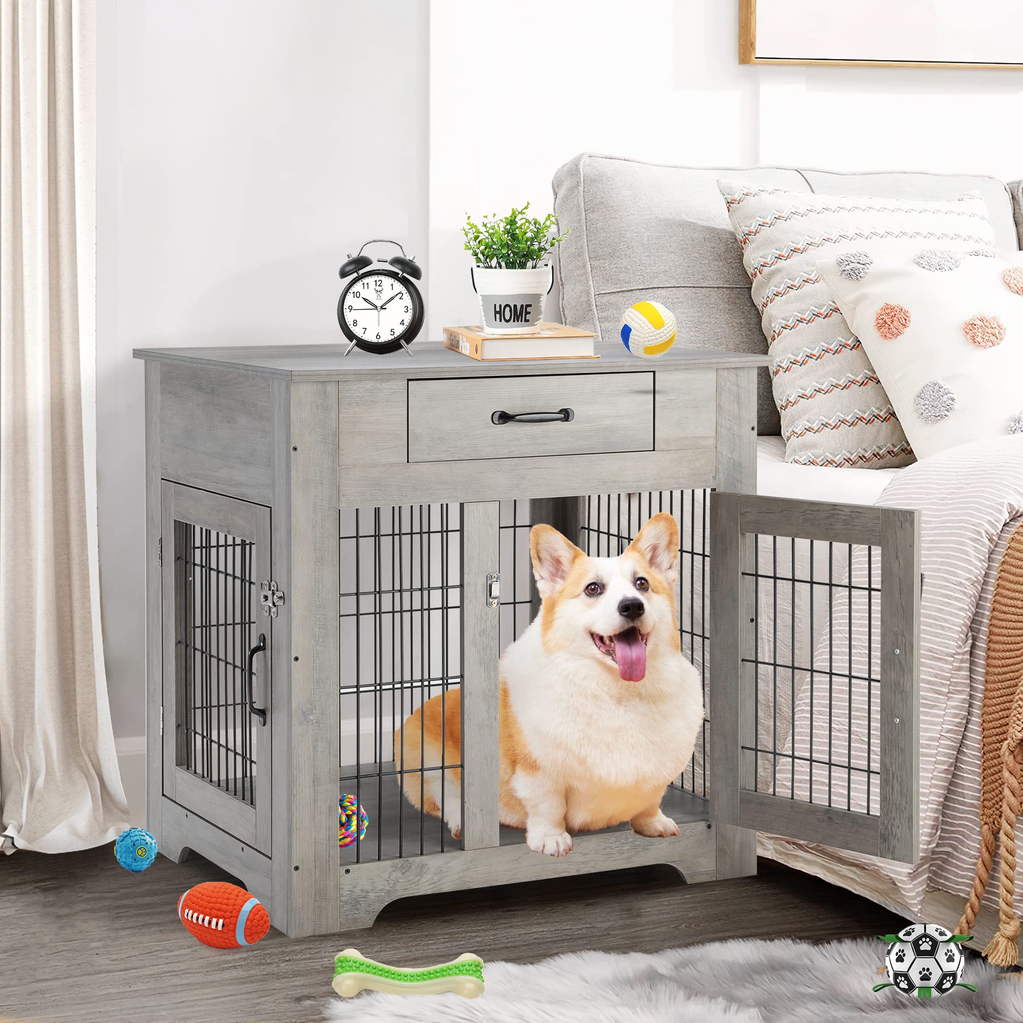 Garvee Wood Look Dog Crate End Table with Drawer, Chew-Proof Metal Fence, Indoor Pet Crate, Grey, Suitable for Small Dogs
