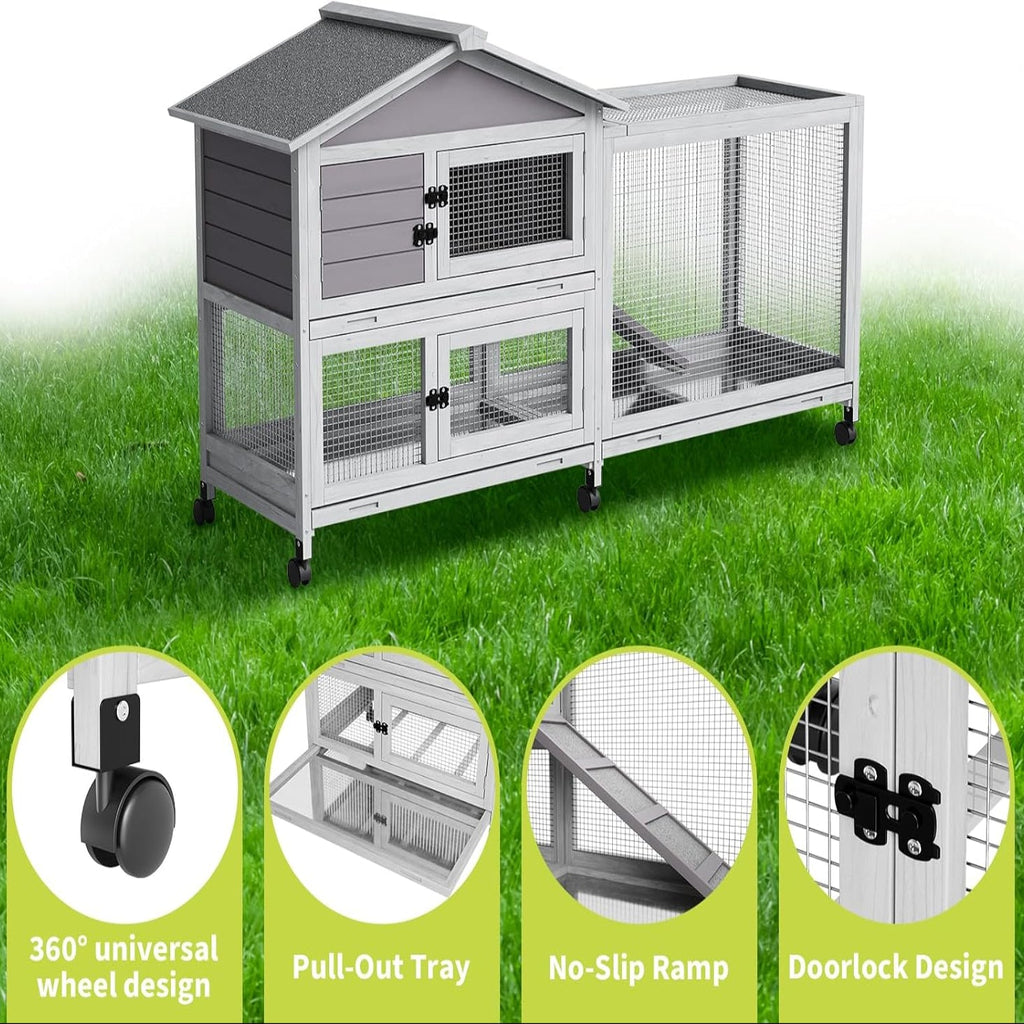 Garvee 63“ Rabbit Cage with Weatherproof Roof, Bunny Cage with 6 Lockable Caster Wheels & Pull-Out Tray, Rabbit Hutch for Indoor Outdoor Use, Grey
