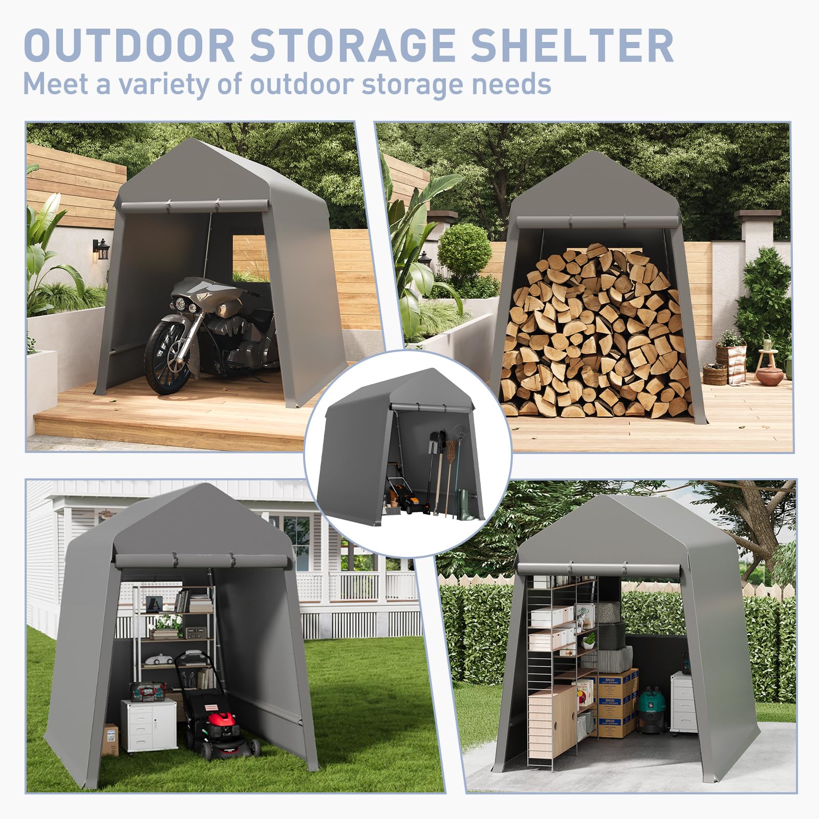 Garvee 6X8FT Heavy Duty Outdoor Shed,Portable Storage Shed,with 2 Rolled Up Zipper Doors,Vents Carports & Waterproof Cover Temporary Shelter for Motorcycle,Gardening Tools and Generator(Grey)