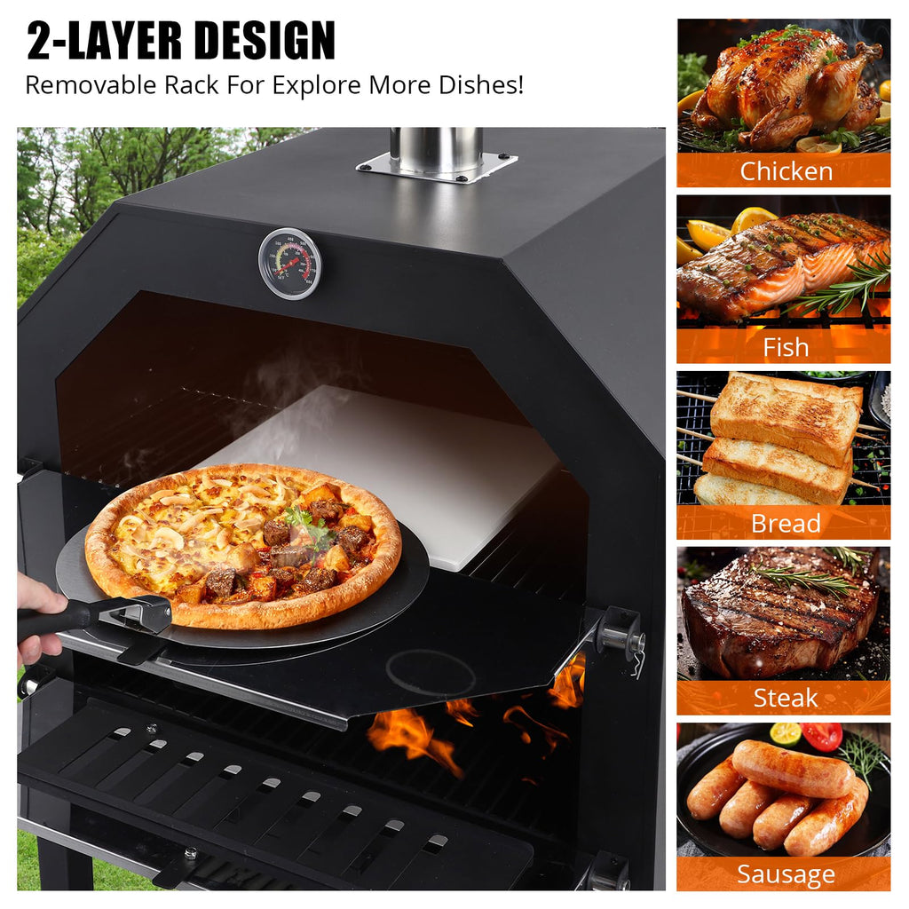 Garvee Outdoor Pizza Oven, Wood-Fired with Wheels, 12" Pizza Stone, Waterproof Cover, Pizza Peel & Accessories for Camping, Backyard BBQ, and Parties