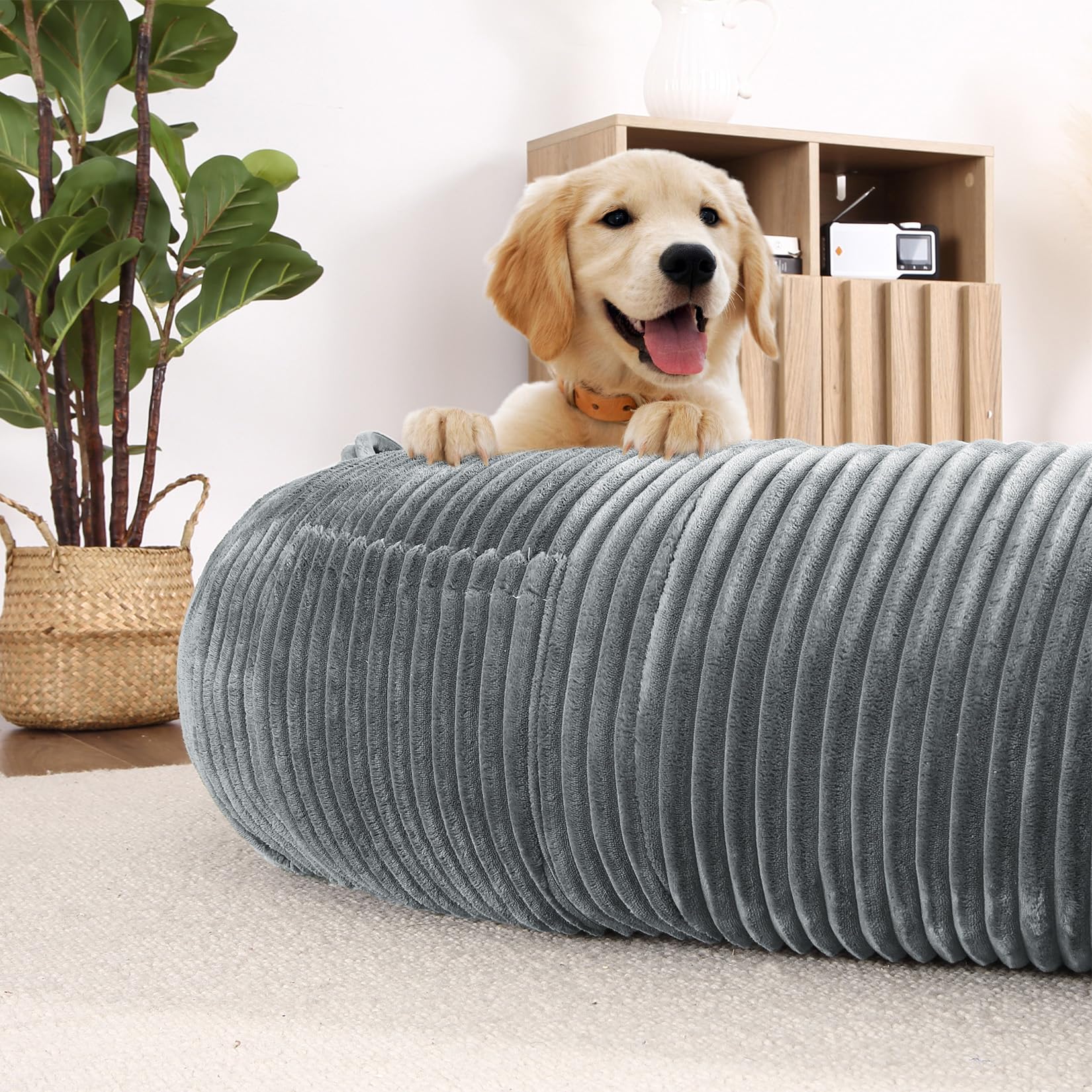Garvee Dog Bed for Adult, Human Size Giant Dog Bed for Men and Women, 71”x48”x14” Human Dog Lazy Sofa Bed for People and Pets, Washable Strip Flannel Nap Bed Adult Oval, Human-Sized Dog Bed,Light Grey