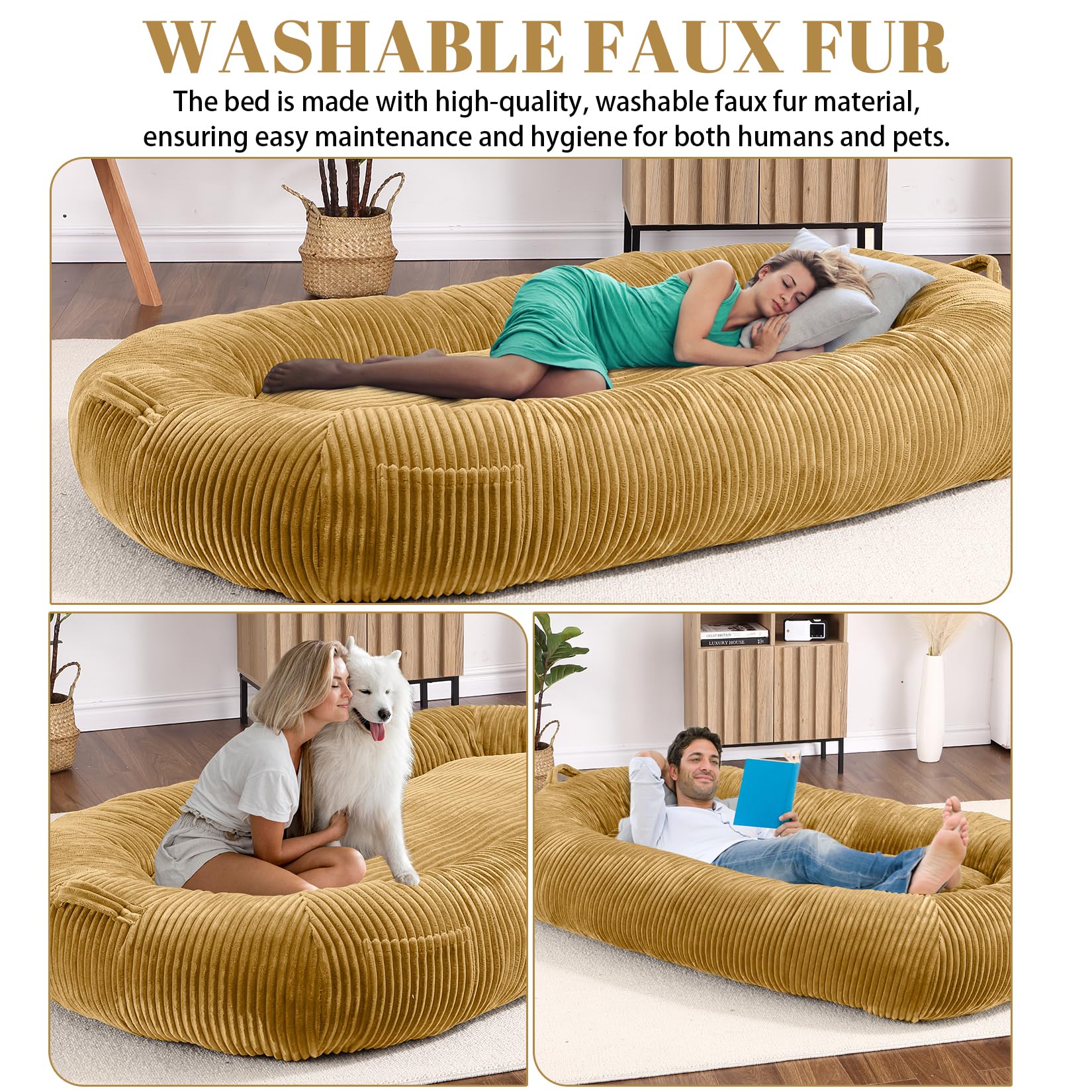 Garvee Dog Bed for Adult, Human Size Giant Dog Bed for Men and Women, 71”x48”x14” Human Dog Lazy Sofa Bed for People and Pets, Washable Strip Flannel Nap Bed Adult Oval, Human-Sized Dog Bed,Yellow