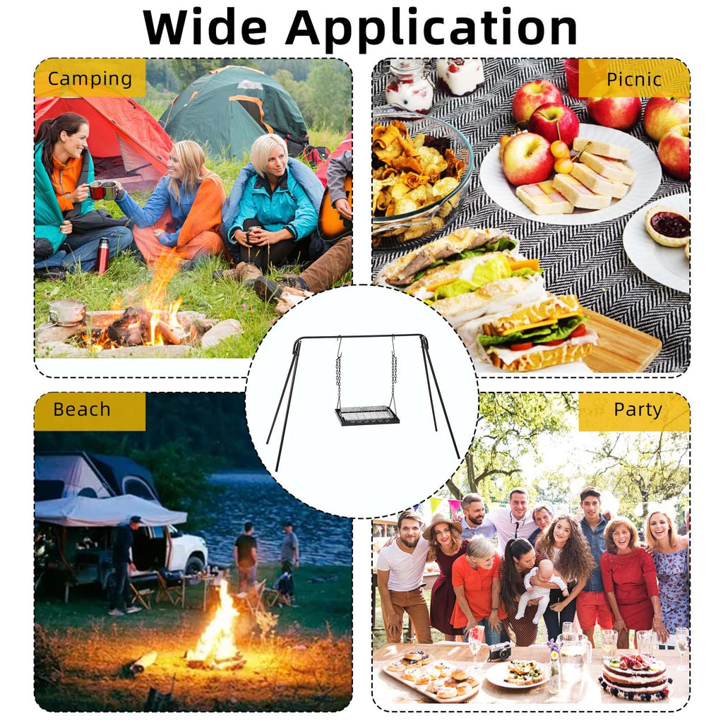 Garvee Campfire Swing Grill with Adjustable Rack for BBQ & Picnic - with 7 Hooks