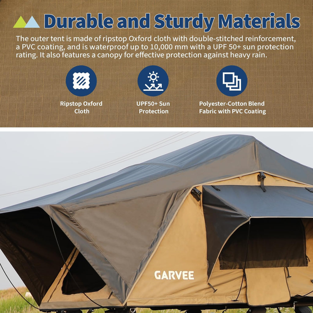 Garvee Rooftop Tent Soft Shell With Telescopic Ladder & LED Light For 2-3 Person Camping On Truck SUV Van Trailer Waterproof UV Resistant 4-Season Design