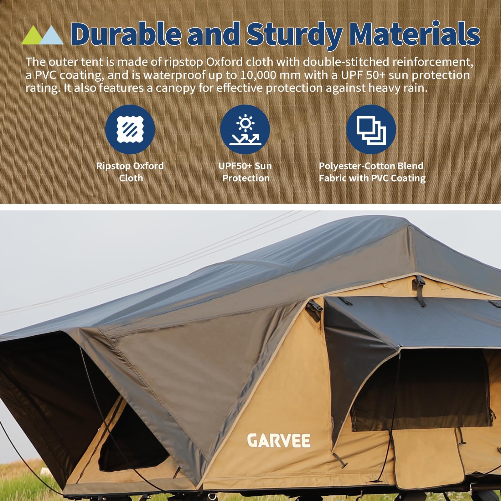 Garvee Rooftop Tent Soft Shell With Telescopic Ladder & LED Light For 2-3 Person Camping On Truck SUV Van Trailer Waterproof UV Resistant 4-Season Design