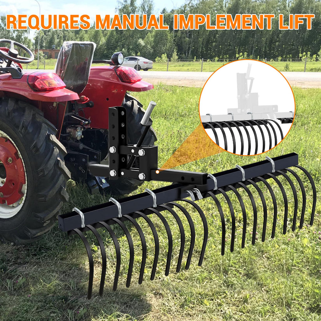 Garvee 60 Inch Landscape Rake Fits for Tractor/ATV/UTV, Heavy Duty Rock Rake 20 Tines, Pine Straw Rake for Removal of Rock, Grass Clumps and Debris, Prep for Seeding, Black