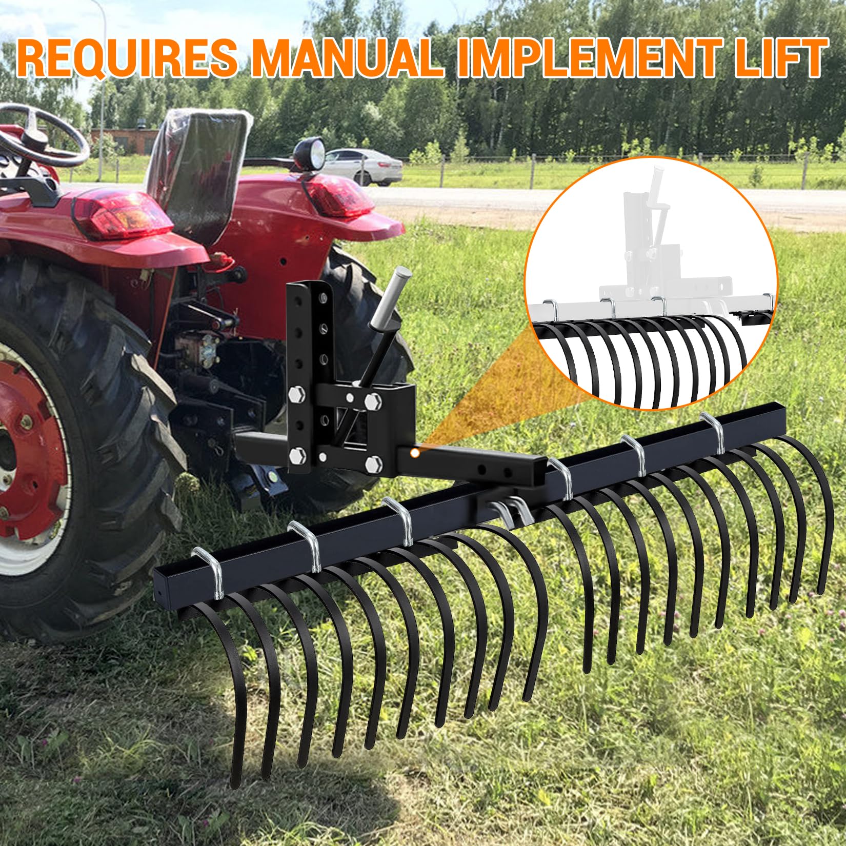 Garvee 60 Inch Landscape Rake Fits for Tractor/ATV/UTV, Heavy Duty Rock Rake 20 Tines, Pine Straw Rake for Removal of Rock, Grass Clumps and Debris, Prep for Seeding, Black