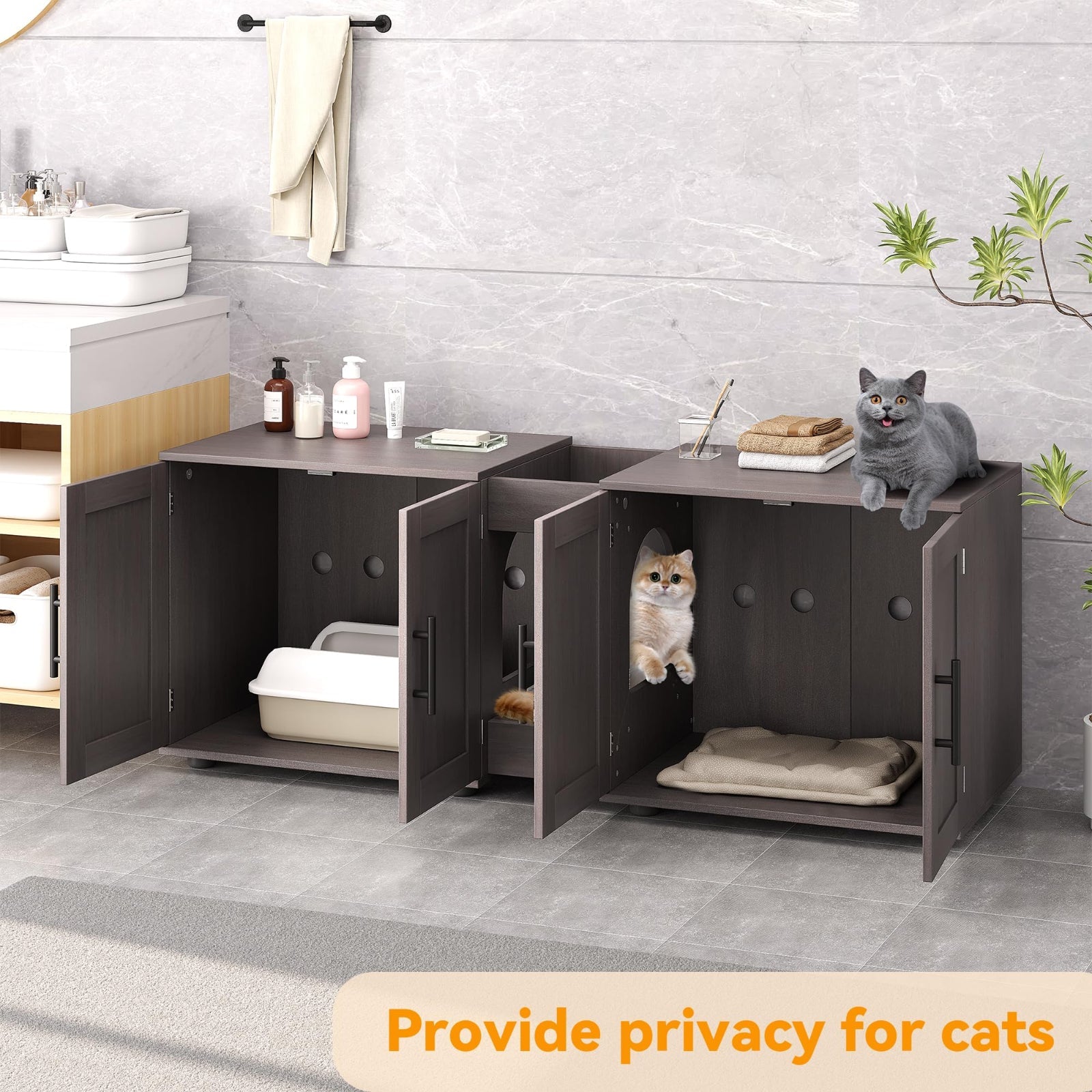 Garvee Hidden Litter Box Enclosure for 2 Cats, Double Room Cat Furniture Cabinet with Storage Groove & Odor-Reducing Mat, Wooden Cat Washroom Bench for Living Room, Dark Walnut
